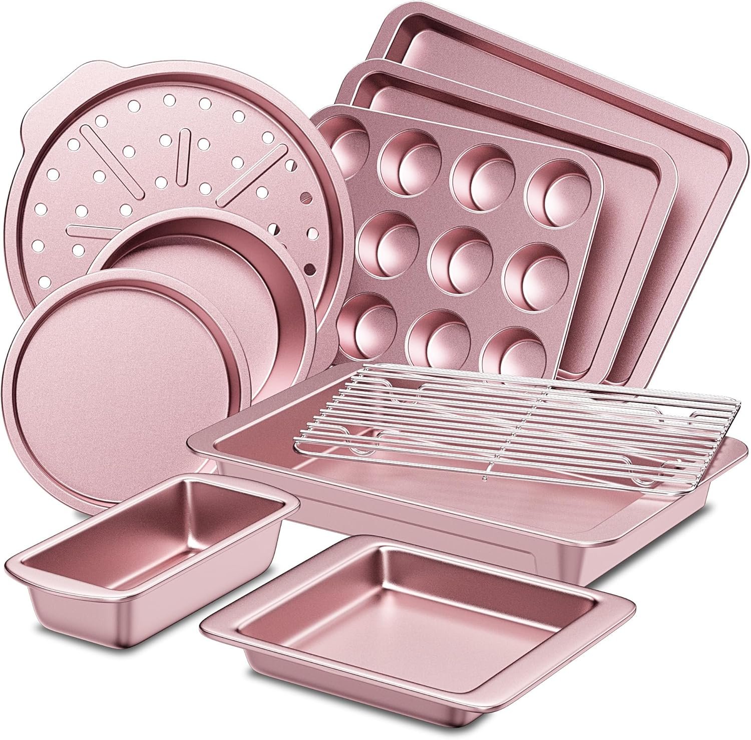 HONGBAKE Bakeware Sets, Baking Pans Set, Nonstick Oven Pan for Kitchen with Wider Grips, 10-Piece Including Rack, Cookie Sheet, Cake Pans, Loaf Pan, Muffin Pan, Pizza Pan – Pink