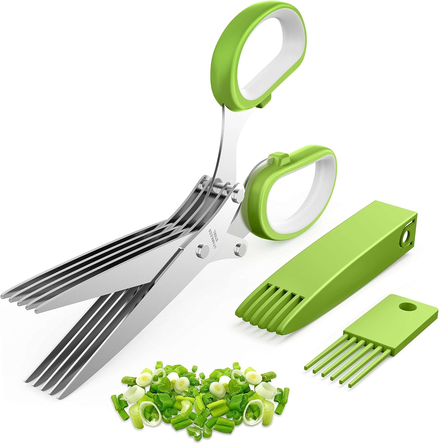 Herb Scissors, Herb Scissors with 5 Blades and Cover – Sharp Dishwasher Safe Kitchen Scissors, Must-Have Kitchen Gadgets, Cool Gadgets, Herb Shears Cutter tool, Green