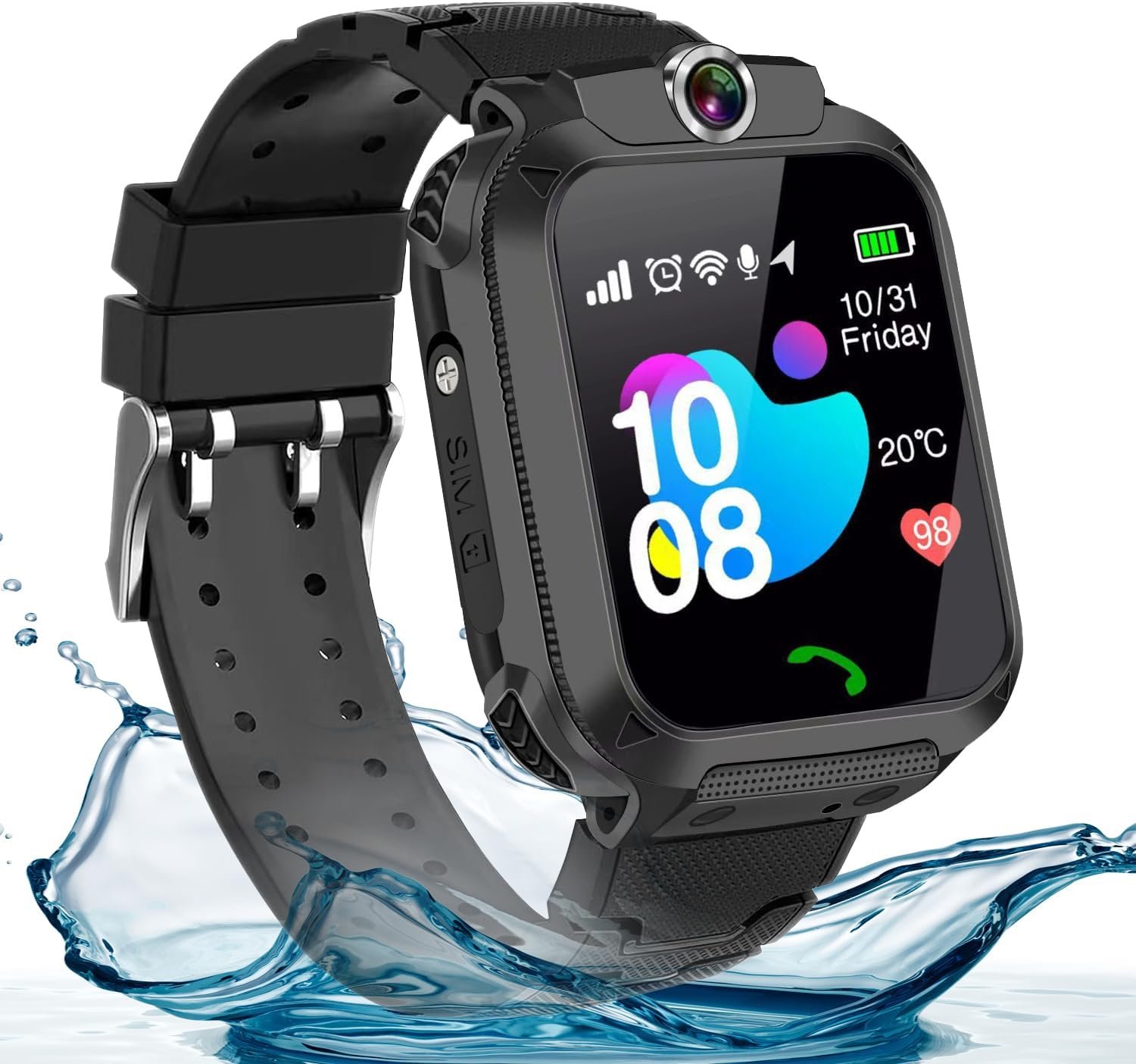 Kids waterproof smart watch, SIM card for make and receive calls, with Puzzle games, touch screen, HD camera, Music Player, GPS position, suitable for children aged 3-12, Best gift for Kids (Black)