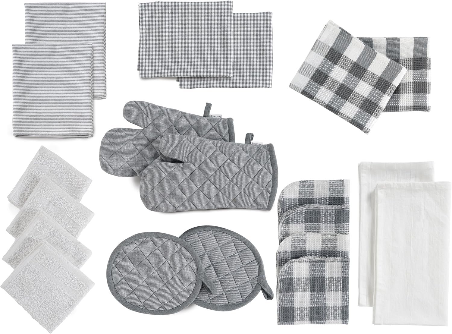 LANE LINEN Kitchen Towels and Dishcloths Sets – 20 Pc Kitchen Essentials for New Home, Heat Resistant Oven Mitts & Pot Holder, Absorbent Flour Sack Dish Towels, Dish Towels for Kitchen – Grey