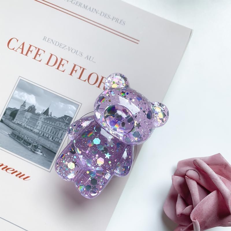 Lilac Mobile Phone Finger Holder Mobile Phone Cartoon Foldable Epoxy Sequins 3D Cute Bear Shaped Phone Grip Tok Folding Bracket for Desktop Mobile Phone Cell Phones Grips Accessories