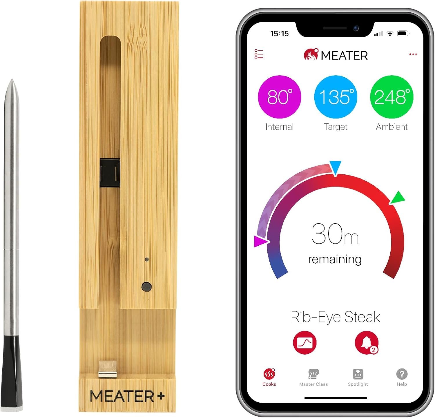 MEATER Plus: Smart Bluetooth Wireless Meat Thermometer Digital | BBQ, Grill, Oven, Smoker, Air Fryer, Kitchen | Perfect for Steak, Chicken, Turkey, and More | Delicous Recipes in App
