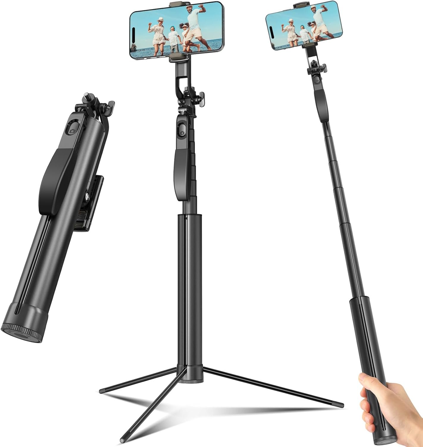 Selfie Stick Travel Tripod for Cell Phone with Remote Control and Phone Holder, Extendable Selfie Stick for iPhone, iPhone Tripod for Video Recording, 72 Inch, Black