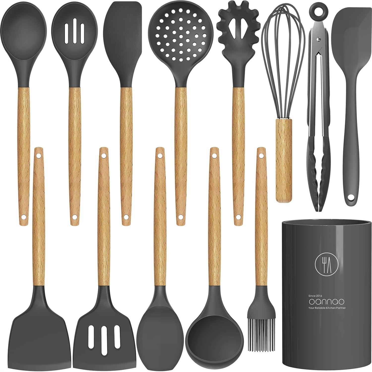 Silicone Cooking Utensils Kitchen Utensil Set – 446°F Heat Resistant Silicone Kitchen Utensils Set, Spatula,Turner Tongs, Spoon, Brush, Whisk,Kitchen Gadgets for Nonstick Cookware, BPA Free (Gray)