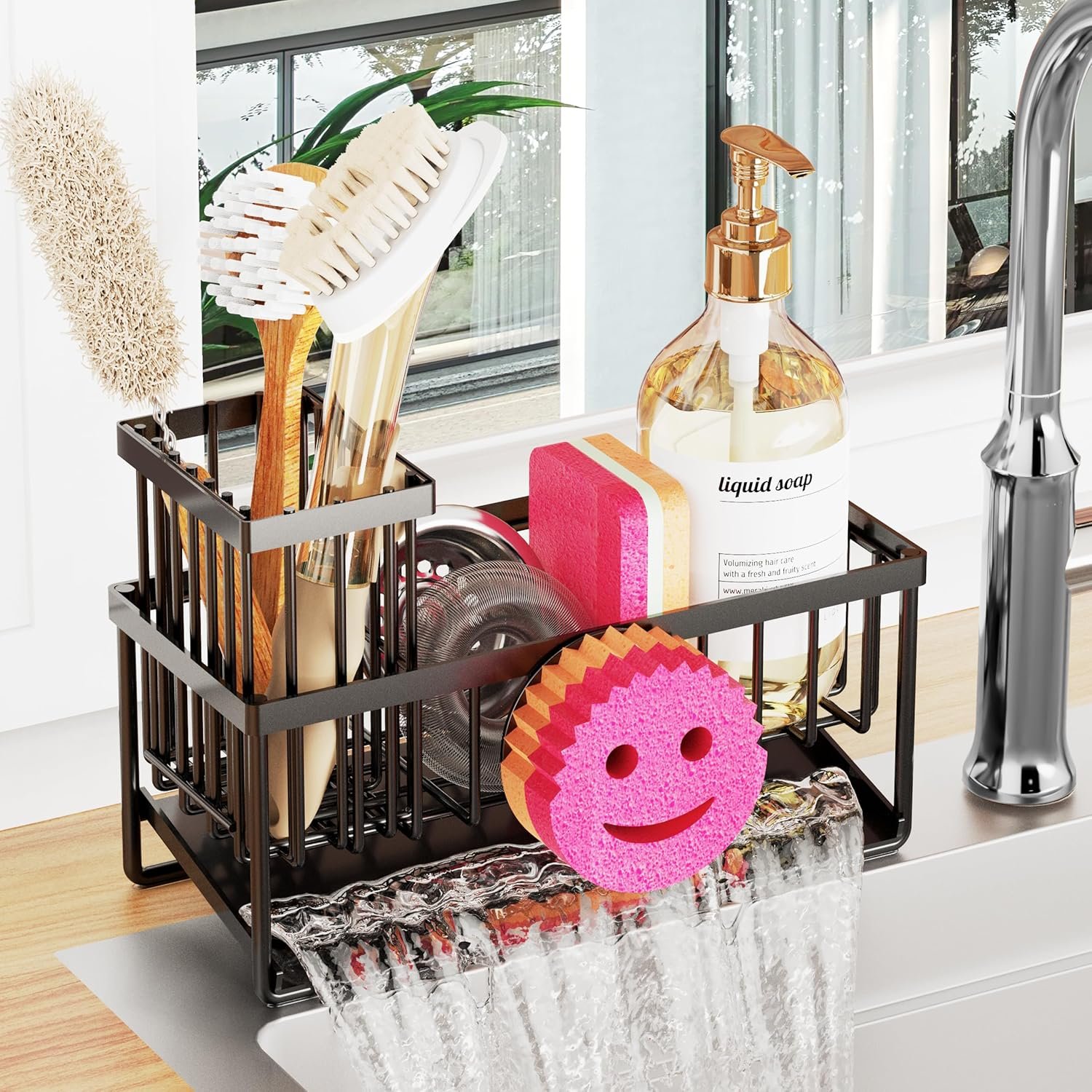 Sponge Holder for Kitchen Sink,Smiley Face Sink Caddy with Removable Brush Holder,Self-Draining Sponge Caddy for Sponge,Soap,Dish Brush,Scrubber,Kitchen Essentials and Gadgets