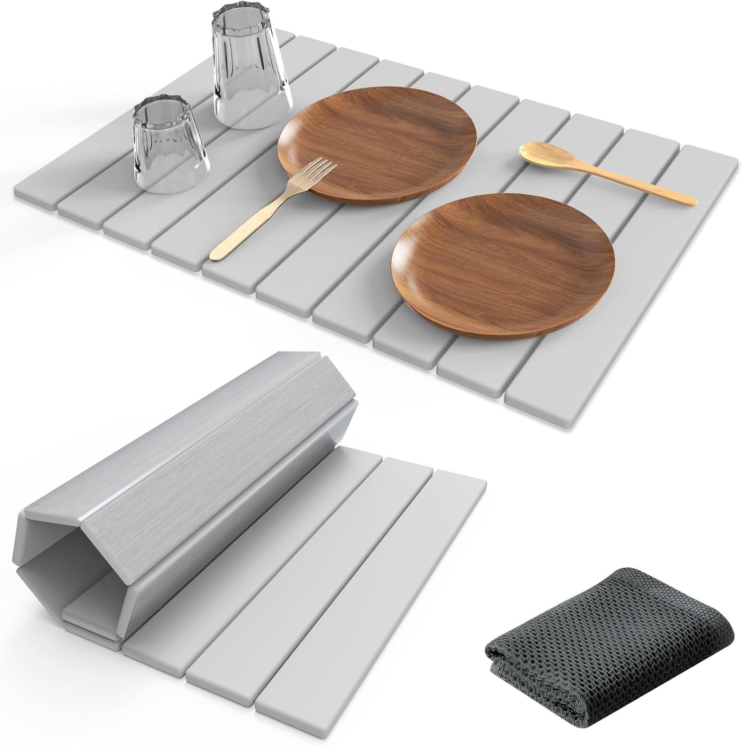 Stone Dish Drying Mat for Kitchen Counter,24″(L)×16″(W) Collapsible Fast-Drying Diatomaceous Earth Mats with Towel Sanding Tool,Versatile Stone Drying Mats for Cups Dishes Bottles