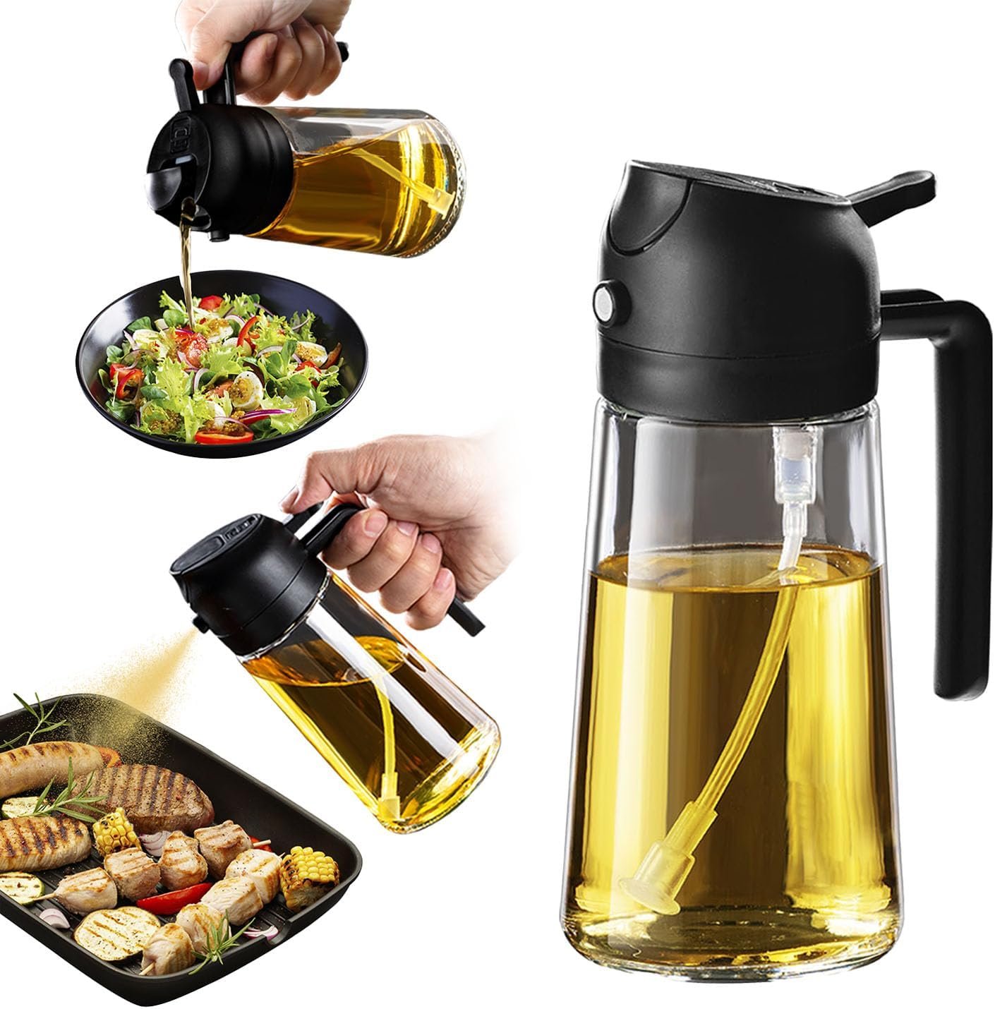 TrendPlain 16oz/470ml Olive Oil Sprayer for Cooking – 2 in 1 Olive Oil Dispenser for Kitchen Gadgets, Air Fryer, Salad, and BBQ – Black