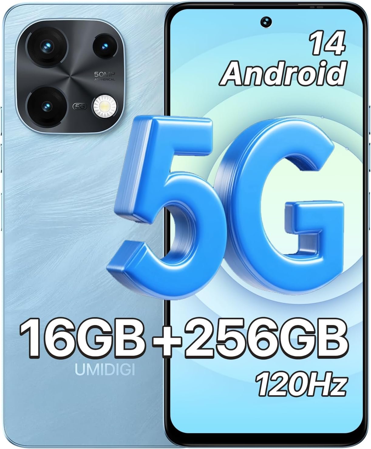 UMIDIGI Note 100 5G Unlocked Cell Phone, 5G Dual SIM Android 14 Phone, 50MP Camera,16(8+8) GB+256GB/TF 1TB Expend Smart Phone, 6.8″ HD+120Hz Display, Fingerprint+AI Face Unlock, Dual Mic(Blue)