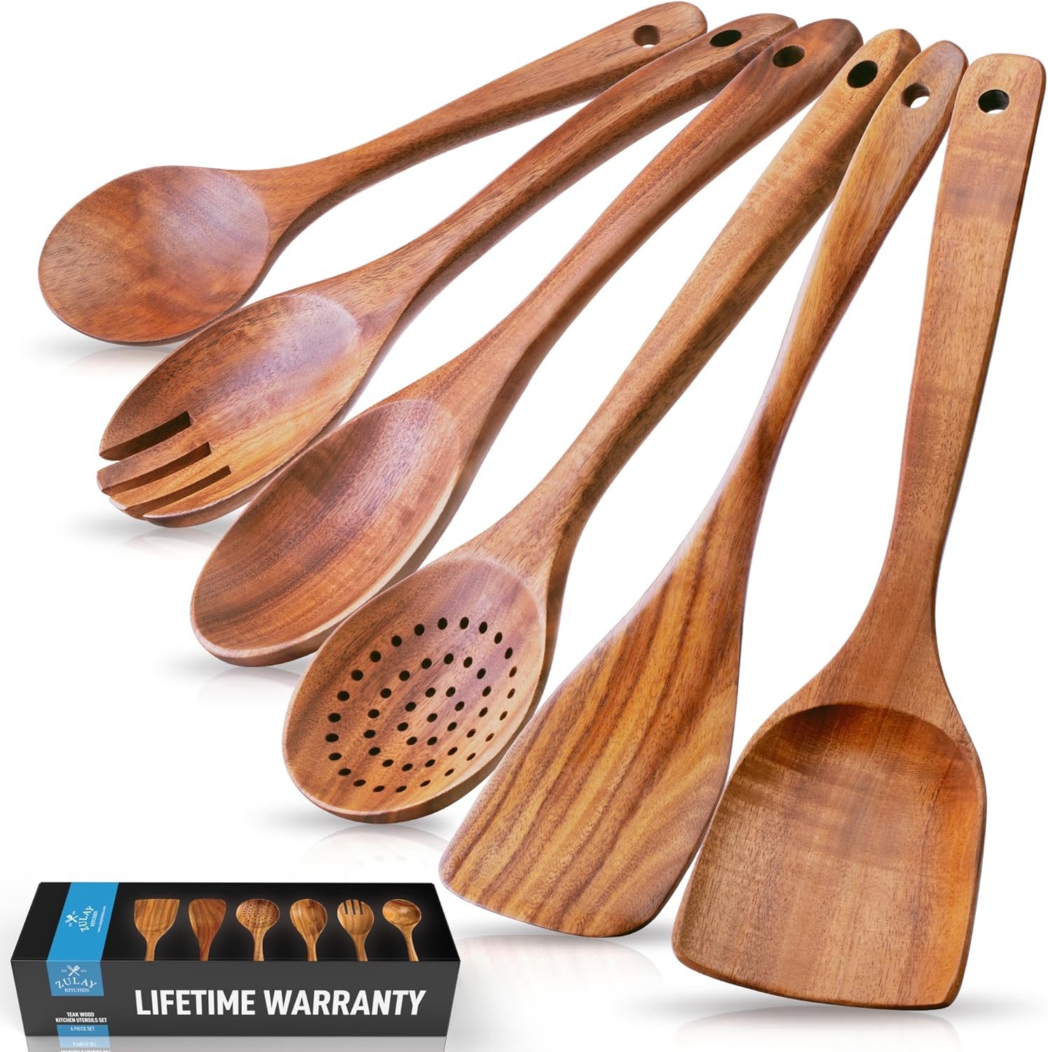 Zulay Kitchen 6-Piece Wooden Spoons for Cooking – Smooth Finish Teak Wooden Utensils for Cooking – Soft Comfort-Grip Wood Spoons for Cooking – Non-Stick Wooden Cooking Utensils – Wooden Spoon Sets