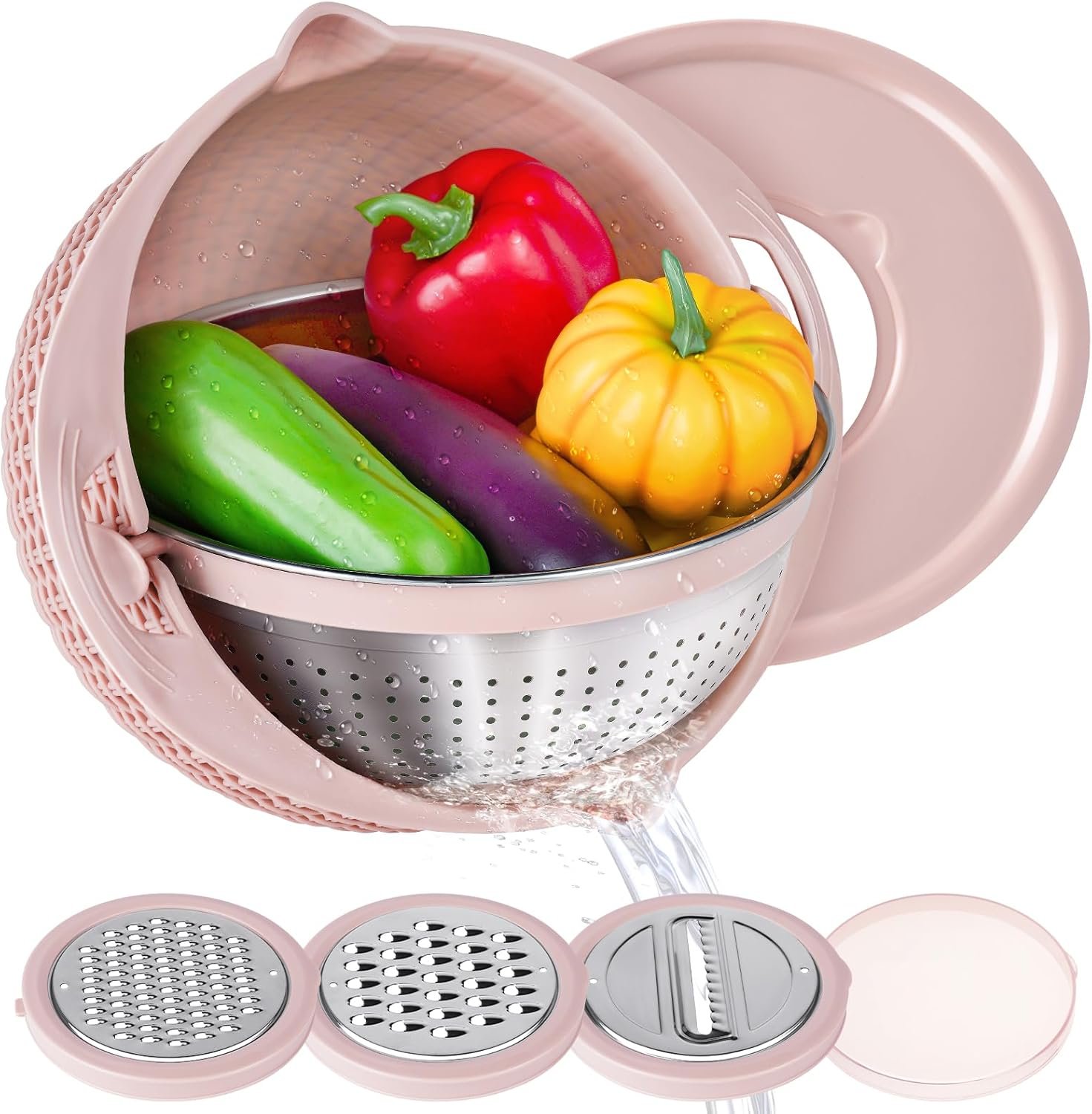 4 in 1 Colander with Mixing Bowl Set, Food Strainers and Colanders for Kitchen, Pasta Rice Strainer, Fruit and Veggie Wash, Rotatable Kitchen Colander Strainer Bowl (Pink)