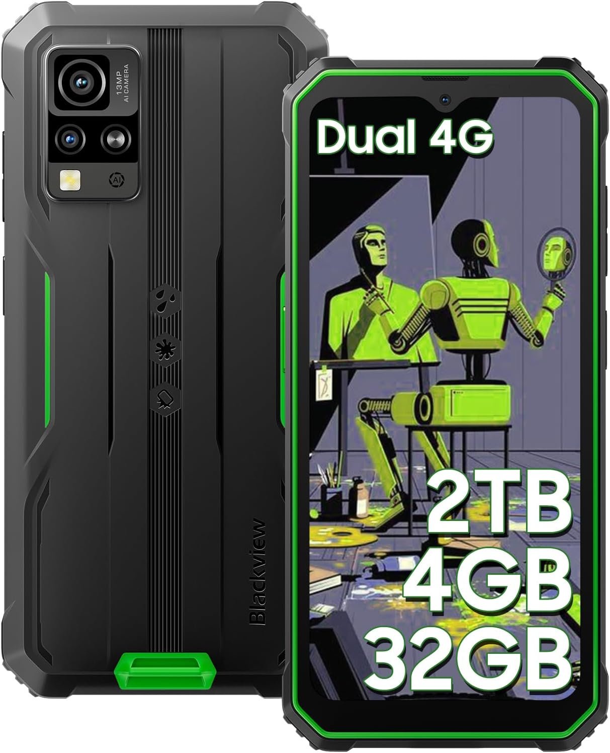 Blackview Phone BV4800, Android 4GB+32GB 2TB Expand Rugged Smartphone, 6.56″ Incell Screen 5180mAh Rugged Phone, 4G T-Mobile Dual SIM Rugged Smartphone Unlocked, IP69K, 3 Card Slots/Face ID-Green