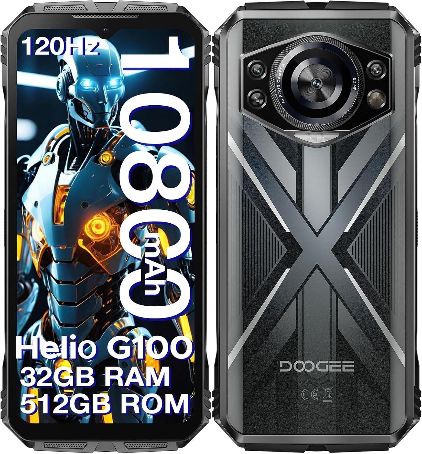 DOOGEE S Cyber Pro Rugged Smartphone Unlocked, 32GB+512GB Rugged Phone Android 14, 10800mAh Battery, 6.6″ FHD+120Hz Waterproof Phone, 50MP+32MP, IP68/IP69K/Dual SIM/NFC/OTG/Face ID,Silver