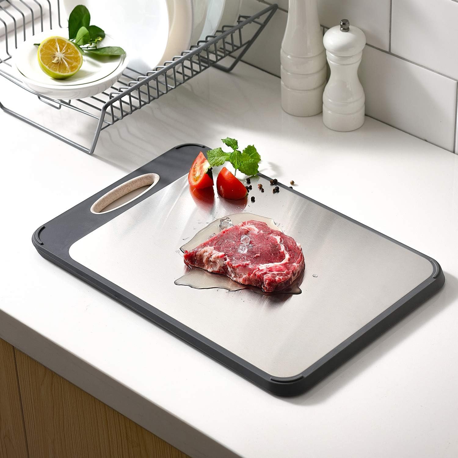 GUANCI Cutting Boards for Kitchen, Stainless Steel Cutting Board Double Sided for Chopping Meat/Vegetables, Stainless Steel/Wheat Straw PP, Kitchen Gift Easy to Clean Large 16”×11”
