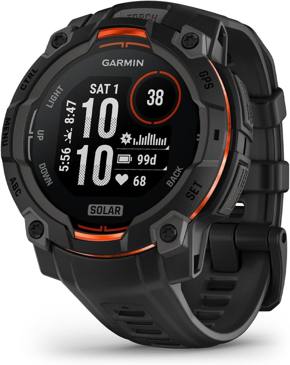 Garmin Instinct® 3 45mm, Solar Charged Display, Rugged Outdoor GPS Smartwatch, Metal-Reinforced Bezel, Built-in Flashlight, Black