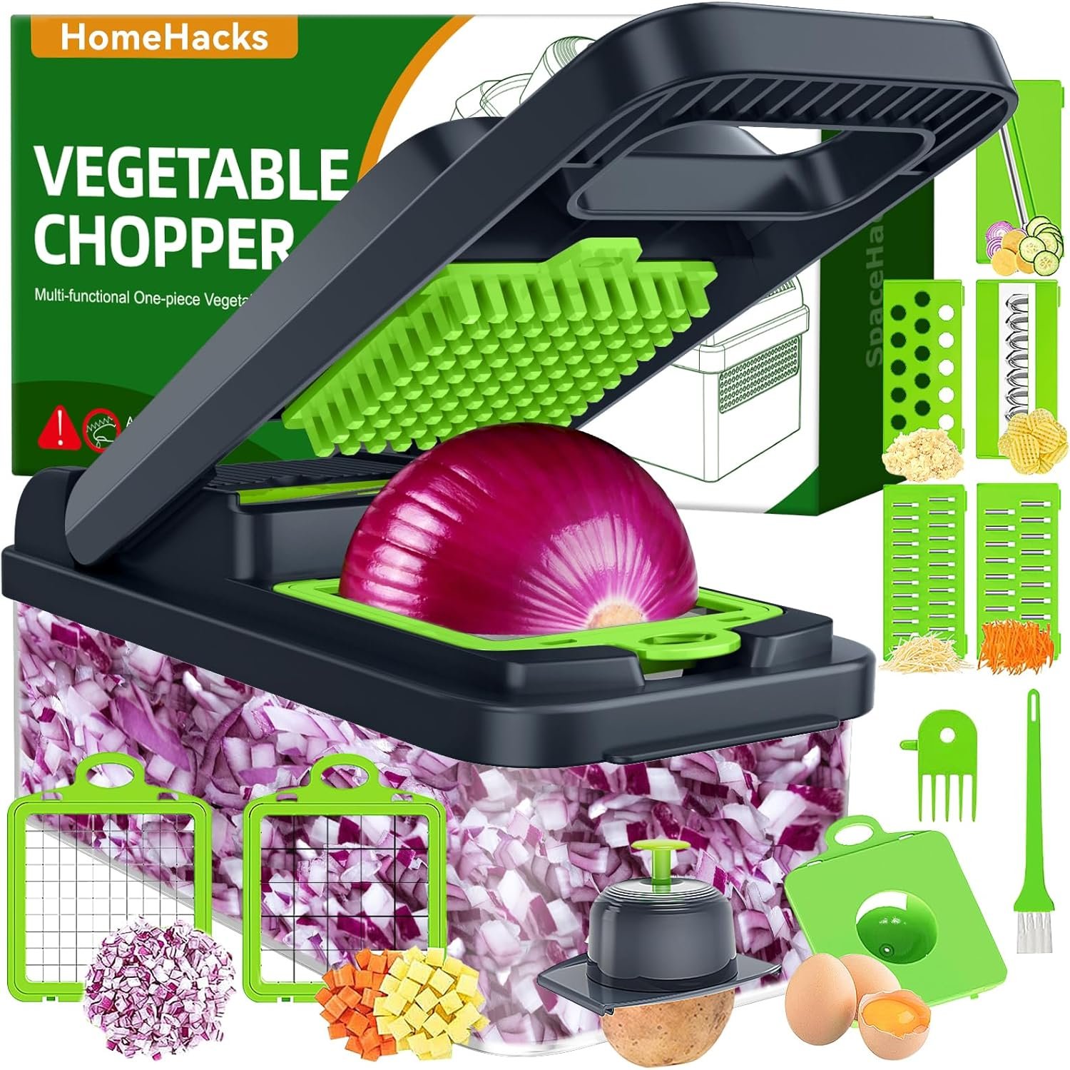 HomeHacks Vegetable Chopper Vegetable Cutter, 12 in 1 Kitchen Gadget, Dicer, Slicer, Onion Cutter, Salad, Cheese Grater & Egg Separator – Multi-Functional Veggie Chopper Lid with Handle