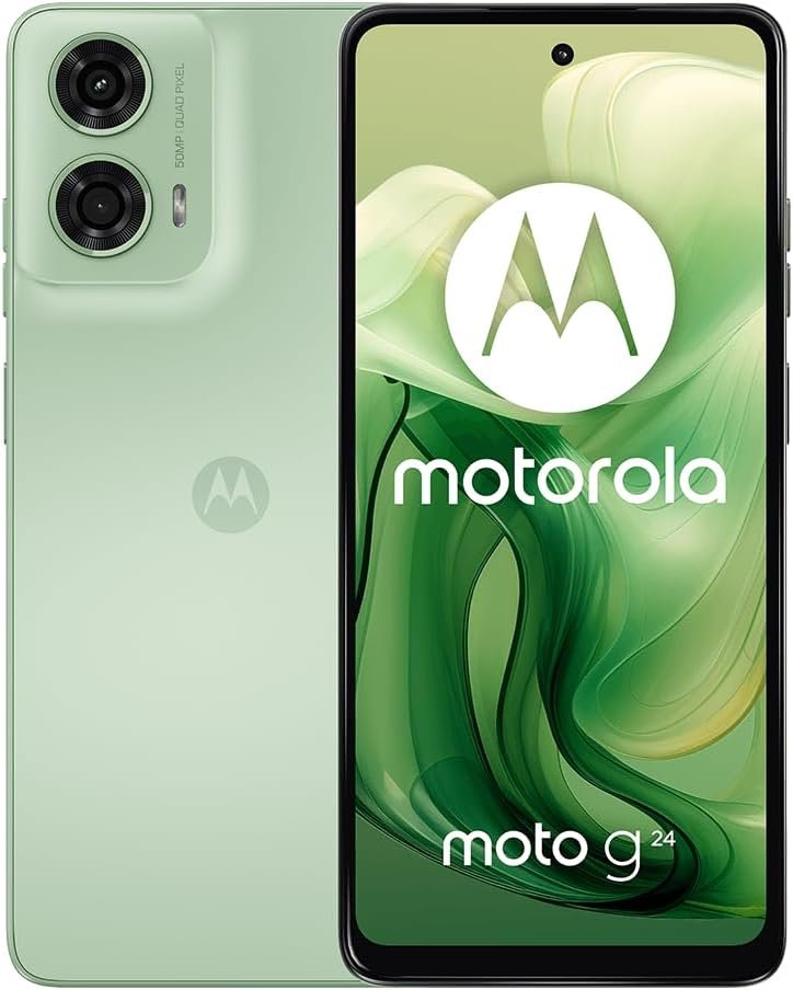 Motorola Moto G24 XT2423 Dual SIM | 2024 | 4+256GB | GSM Unlocked Smartphone | 6.56″ 90Hz IPS LCD Display | 50MP Camera | Li-Po 5000 mAh Battery | International Model | Case Included – (Green)