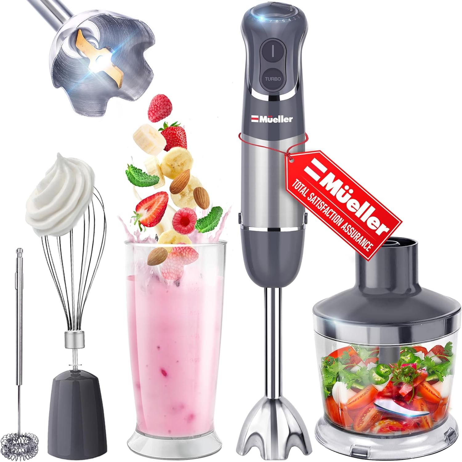 Mueller Multistick 800W 4-in-1 Immersion Blender Handheld, 12 Speed Hand Mixer – Turbo Boost, Heaviest Duty Copper Motor, Titanium Blades Hand Blender, Milk Frother Wand, Whisk, Beaker, Chopper, Grey