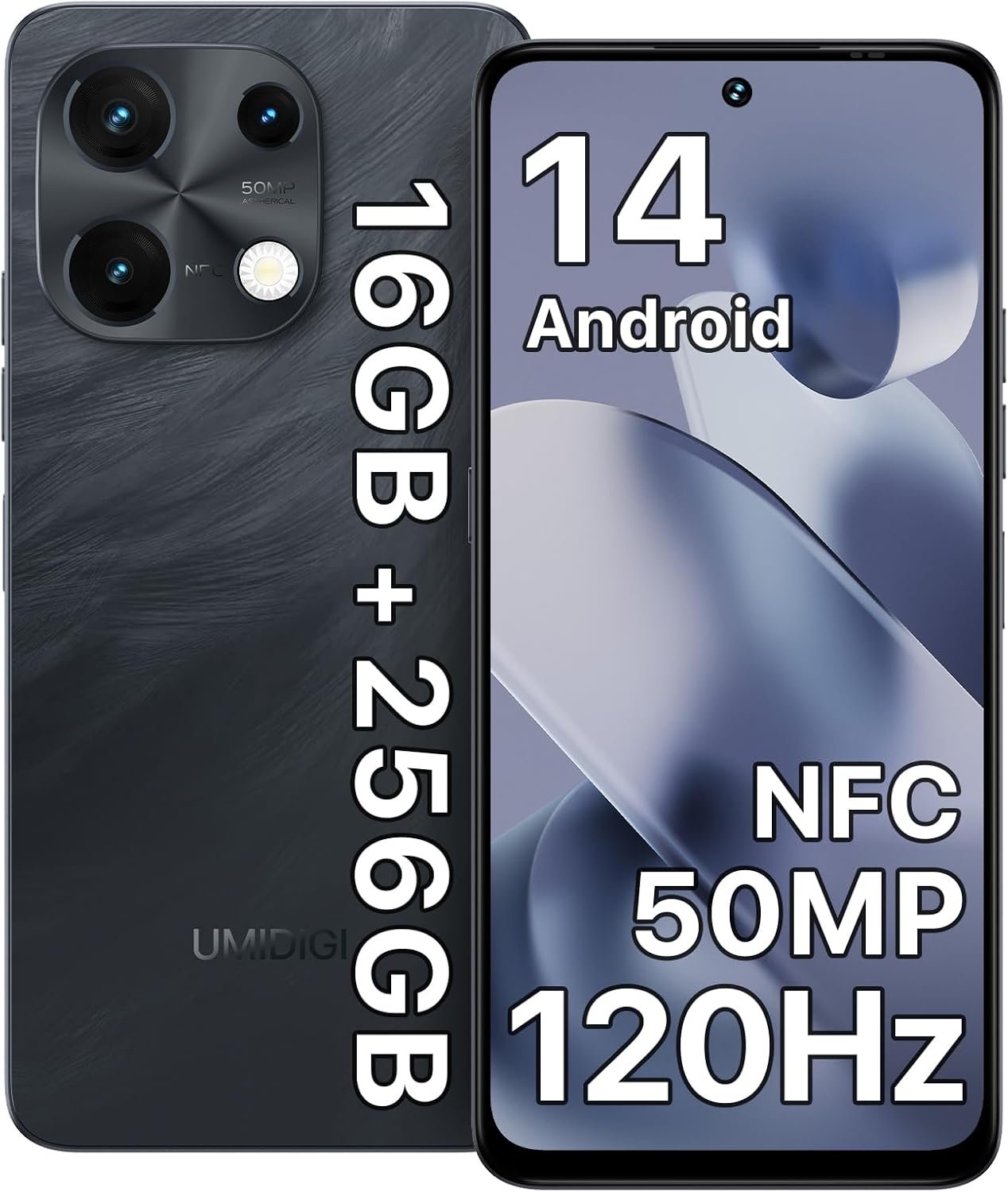UMIDIGI Note 100 Cell Phone,Android 14 Unlocked Phones,16(8+8) GB+256GB/TF 1TB,6.8”HD+120Hz Display,50MP Camera,5000mAh+20W Fast Charging,4G Dual SIM Android Phone,AI Face/Fingerprint Unlock,NFC,GPS