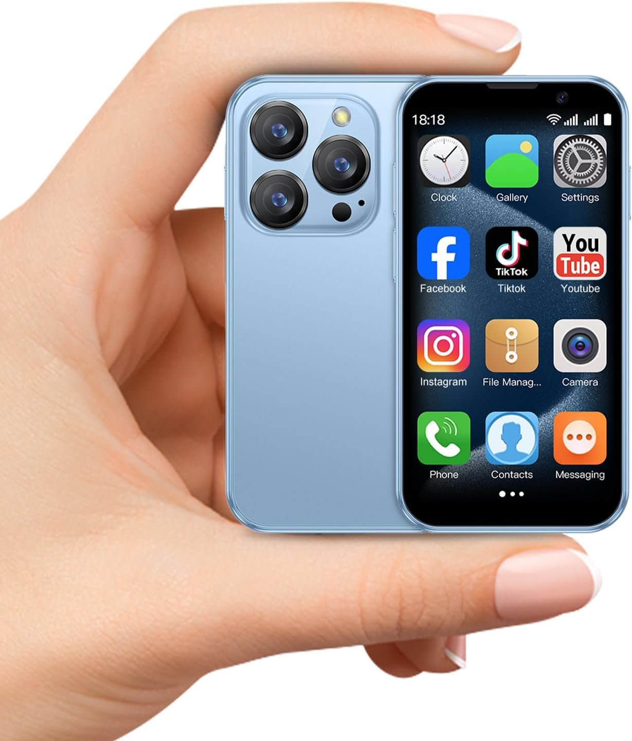 V-18pro Mini Smartphone for Kids, Unlocked, 2GB+16GB, Blue, 3.0″ HD Touch Screen, Quad Core, Dual Sim, Face ID, 3MP+5MP Camera, Compact Mobile Phone