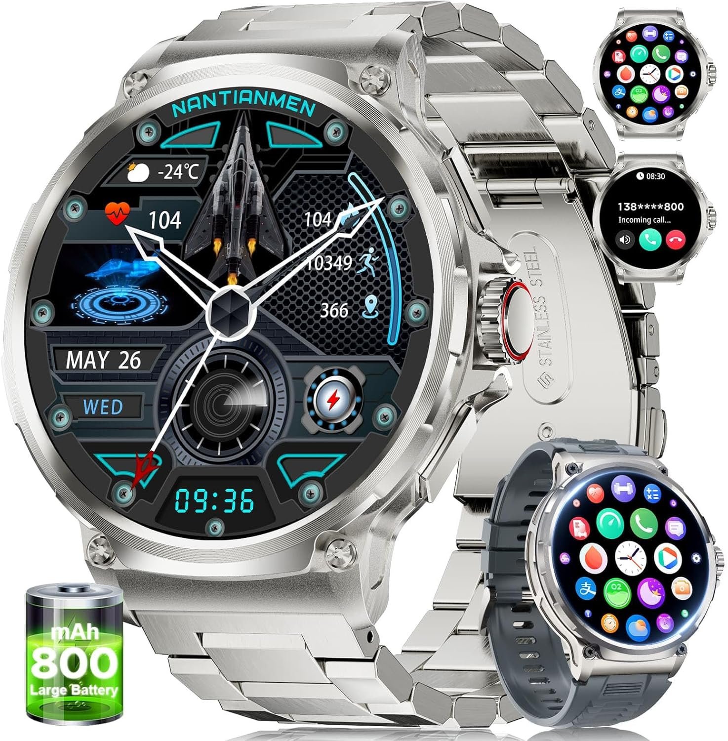 Military Smart Watch for Men,1.85″ HD/800mAh Battery Smart Watches for Android iOS (Bluetooth Call Answer/Calls) Fitness Tracker with Heart Rate/Sleep Tracking/Blood Oxygen Silver