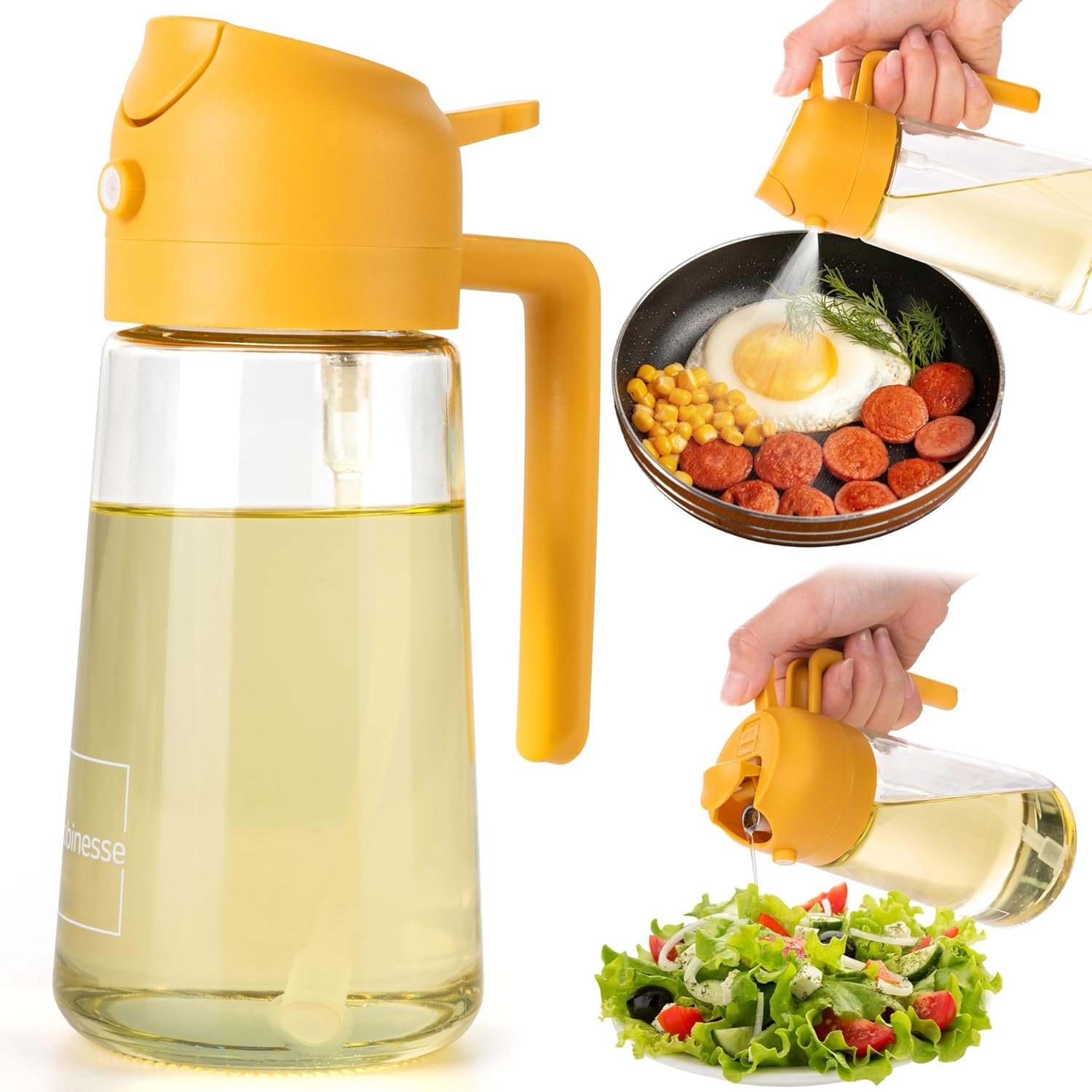 2 in 1 Oil Dispenser and Oil Sprayer for Cooking, 16oz/470ml Glass Olive Oil Dispenser Bottle Kitchen Gadget & Air Fryer Accessories for Salad, BBQ, Frying and Baking (Yellow)