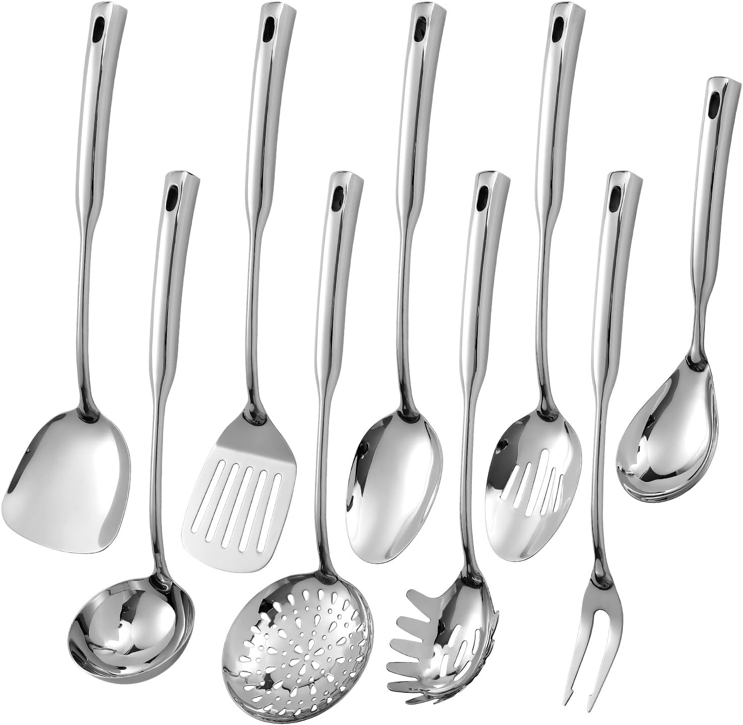 304 Stainless Steel Kitchen Cooking Utensils Set – 9 PCS Serving Utensils, Include Skimmer, Soup Ladle, Spaghetti Server, Wok Spatula, Slotted & Solid Spoon, Slotted Spatula Turner, Meat Fork (Silver）
