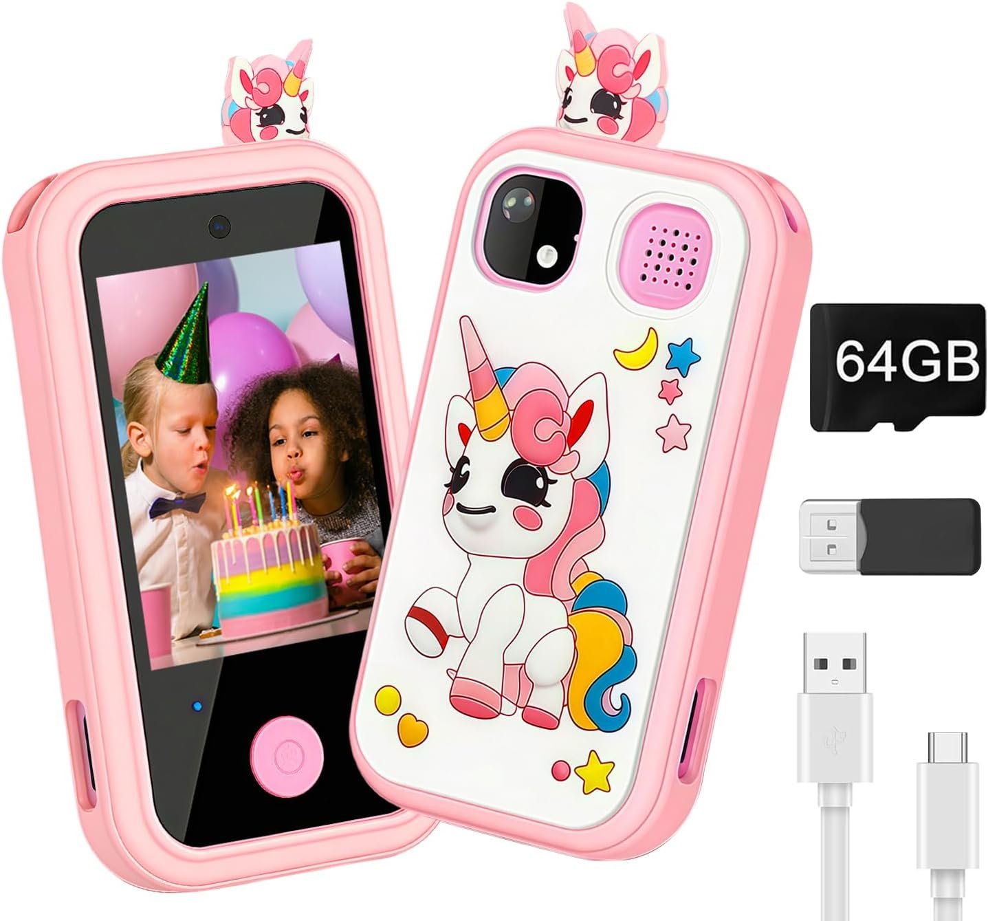 64GB Kids Smart Phone for Girls, Touchscreen, Birthday Gifts for Girls Age 6, 7, 8, 10 Year Old, Toddler Educational Learning Toys Phone with Dual Camera, Game, Music Player, Pink