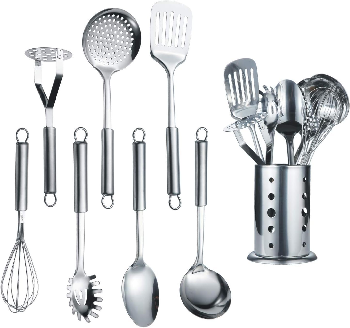 Berglander Cooking Utensil Set 8 Piece, Stainless Steel Kitchen Tool Set with Stand,Cooking Utensils, Slotted Tuner, Ladle, Skimmer, Serving Spoon, Pasta Server,Potato Maseher, Egg Whisk. （8 Pieces）