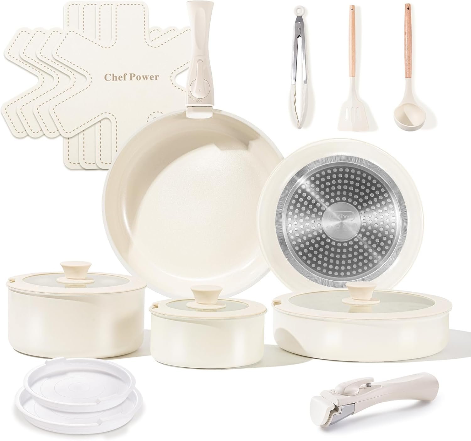 Chef Power Ceramic Cookware Set Non Toxic with Detachable Handles, Healthy Nonstick Pans and Pots Set 19 Pcs, Induction Dishwasher Oven Safe Kitchen Set, PFAS PFOA & PTFE Free, Cream White