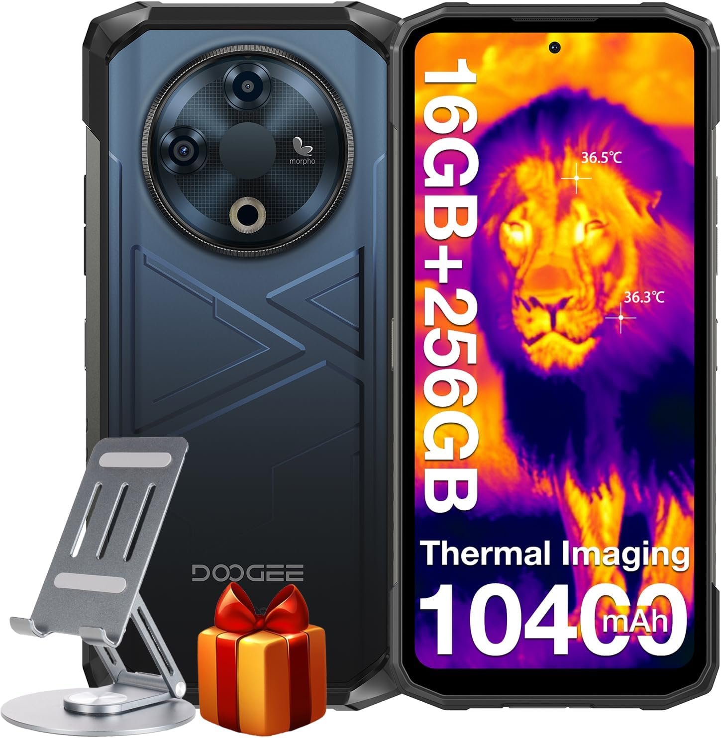 DOOGEE Fire 6 Rugged Smartphone, Thermal Imaging Camera, 10400mAh,16GB+256GB/TF 2TB Rugged Phone, 50MP AI Camera, 6.56″ HD+IPS Unlocked Cell Phone, 3 Cards Slot/IP68/IP69K/Face Unlock/Fingerprint/OTG