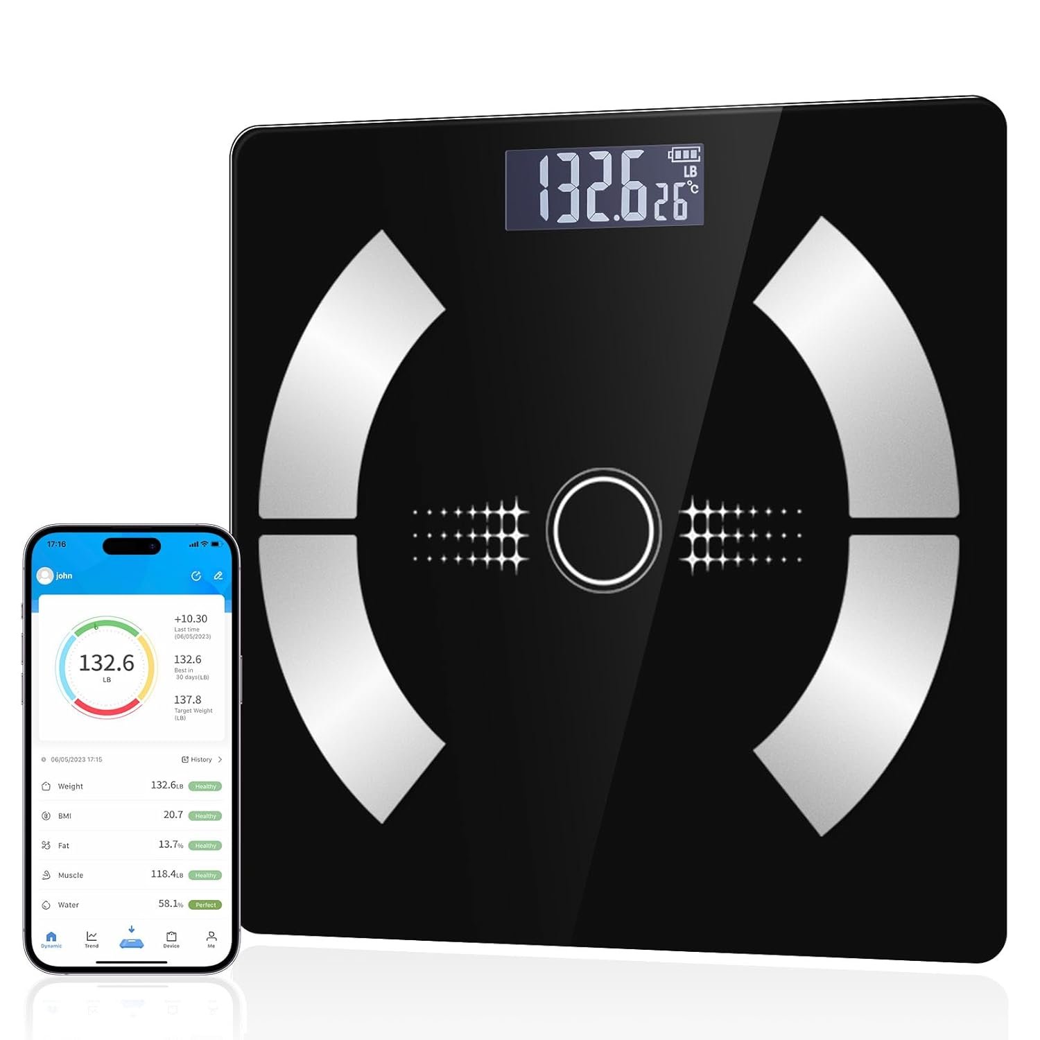 Digital Simple and Practical Body Fat Scale with Led Display, Bathroom Scale, Body Composition Analyzer with Smartphone Application and Bluetooth synchronous Scale