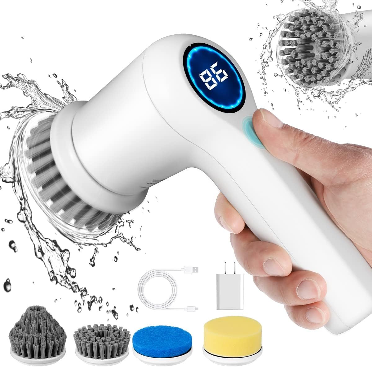 Electric Spin Scrubber, Power Scrubber Cordless Shower for Cleaning with LED Display, Bathroom, Tub, Kitchen Stove, Tile Grout 4 Brush Heads (White)