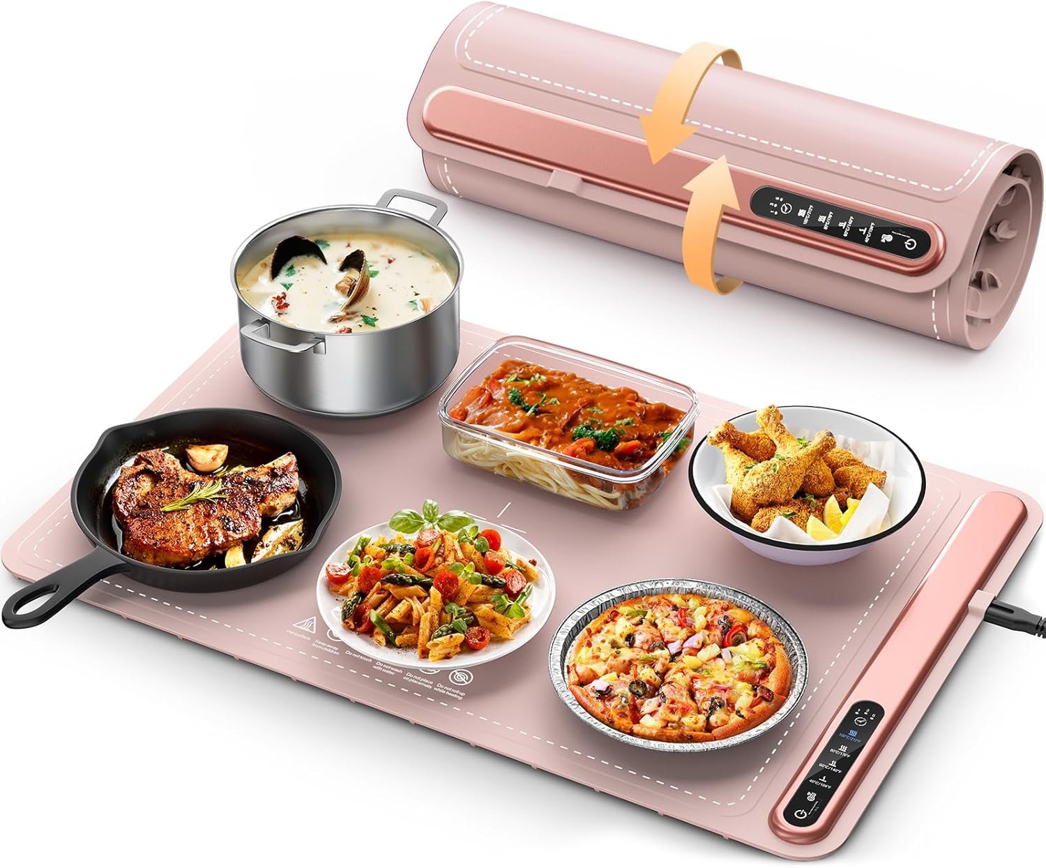 Food Warming Mat – Fast Heating Silicone Electric Warming Tray with 4 Level Temperature, Raised Feet Protects Table, Portable Food Warmer for Parties Rollable Buffet Hot Plates for Party Home Travel