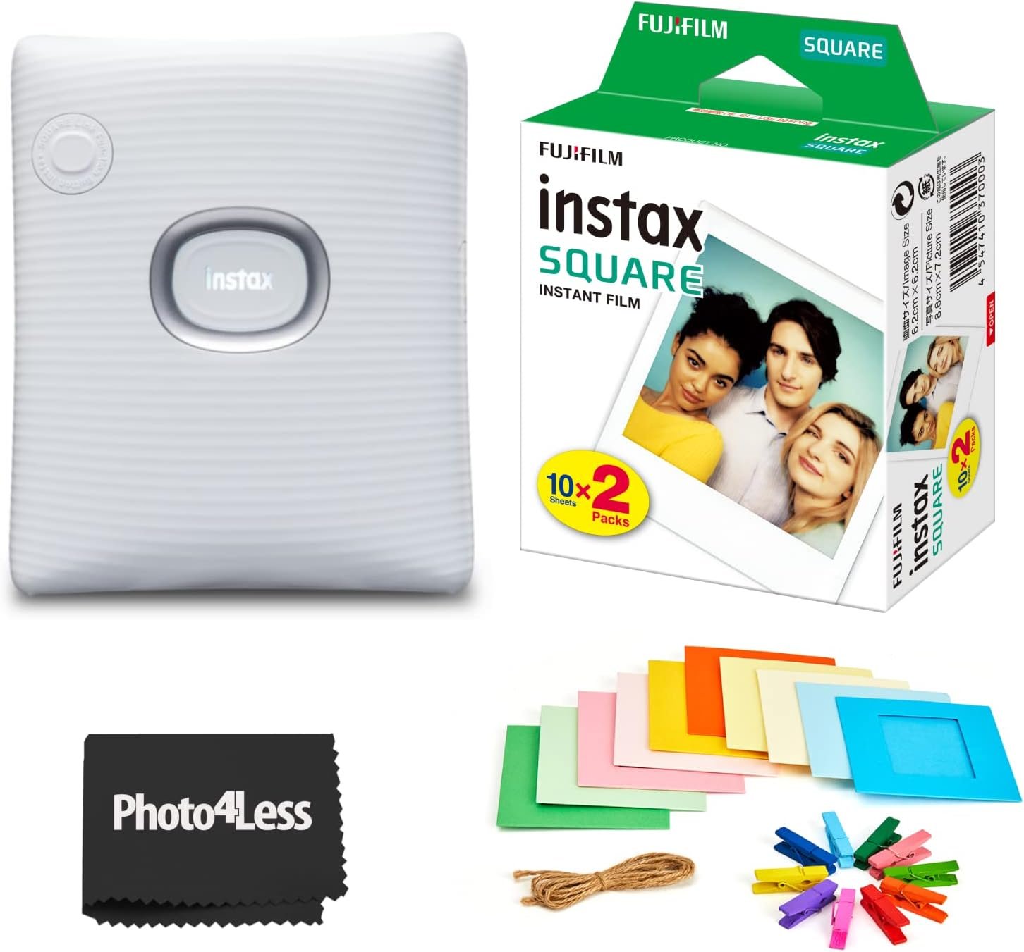 Fujifilm Instax Square Link Smartphone Printer – White – Fuji Instax Square Instant Film (20 Sheets) – Instax Link Printer Bundle (White)