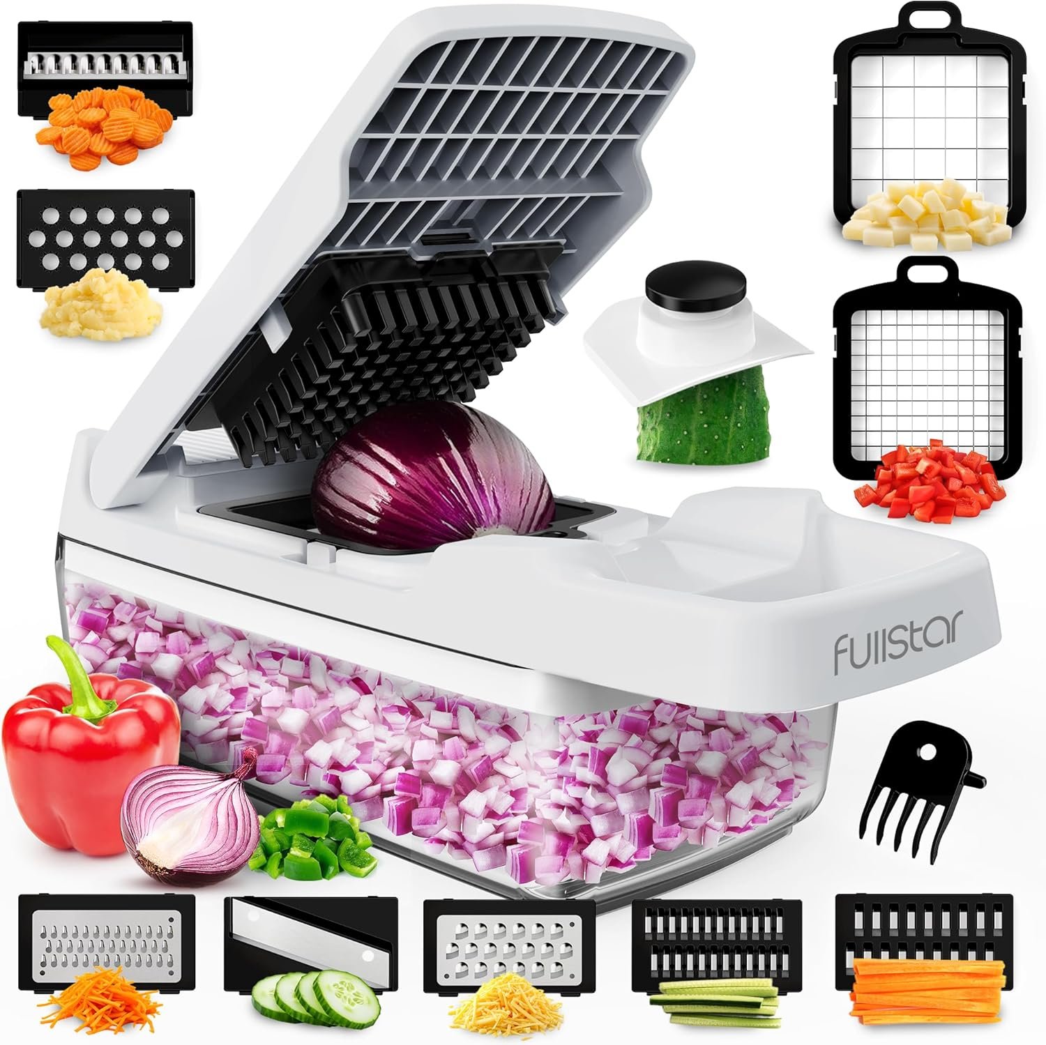 Fullstar Vegetable Chopper & Mandoline Slicer for Kitchen – Food Chopper with Container, Cheese Grater, Home Essentials & Kitchen Gadgets (Lite – 9 in 1)