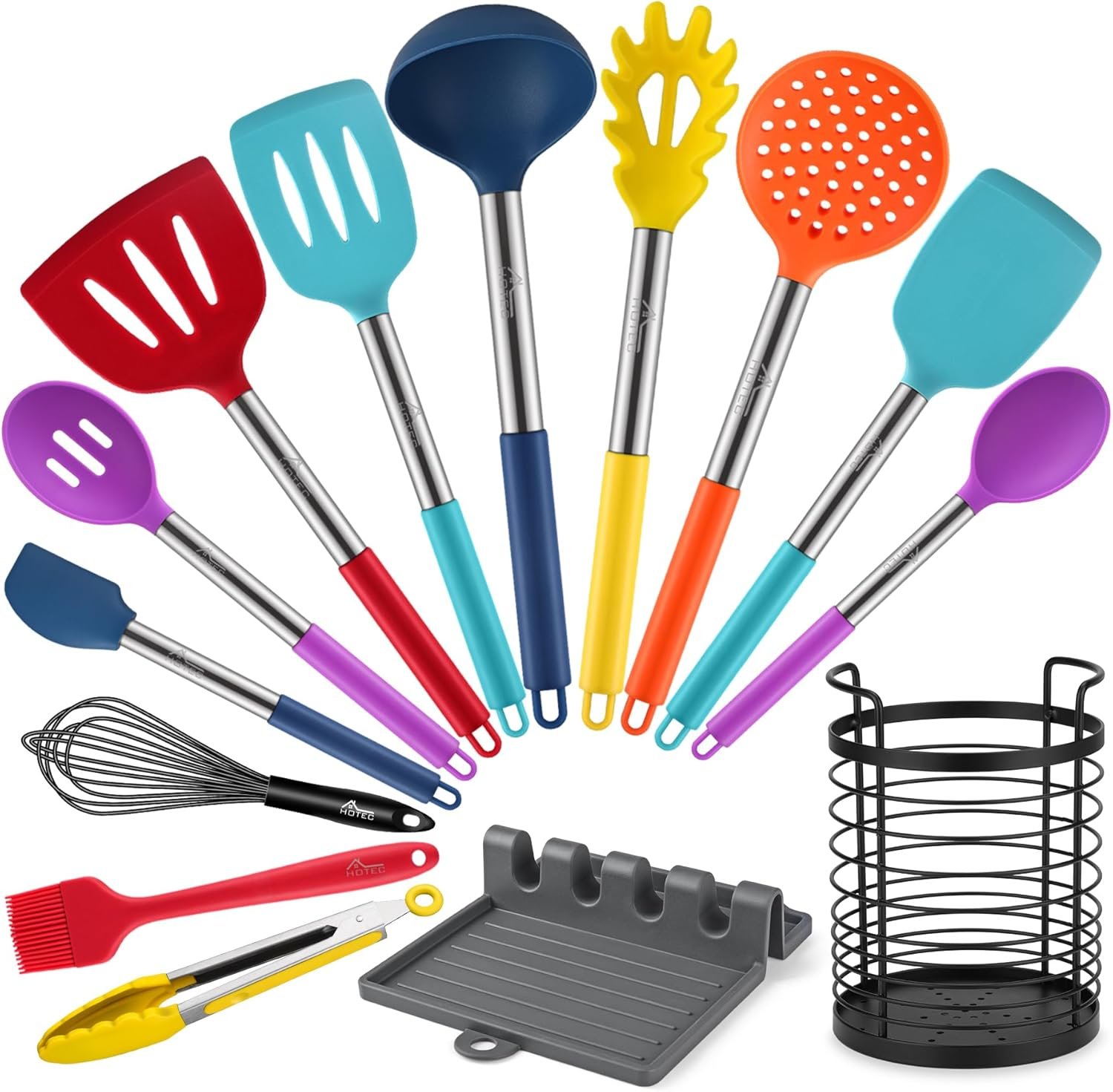 HOTEC Heat Resistant Silicone Kitchen Utensils, Cooking Utensil Set, Spatula Set, BPA Free, Kitchen Gadgets, Utensils Holder, Dishwasher Safe, 14pcs Multicolor