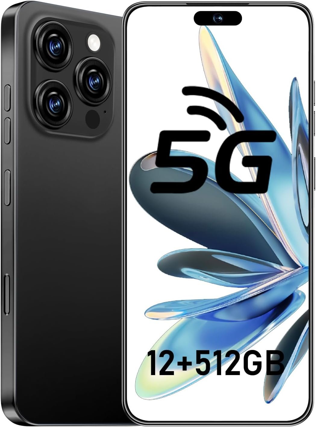 I16 PROMAX 5G Phone,Smartphone Unlocked Cell Phone 12GB+512GB/6.99“ HD Screen Display/68MP+108MP Camera/7000 mAh, Dual SIM Card/Face Unlock/Fingerprint Button Unlock-and take Photos (Black)