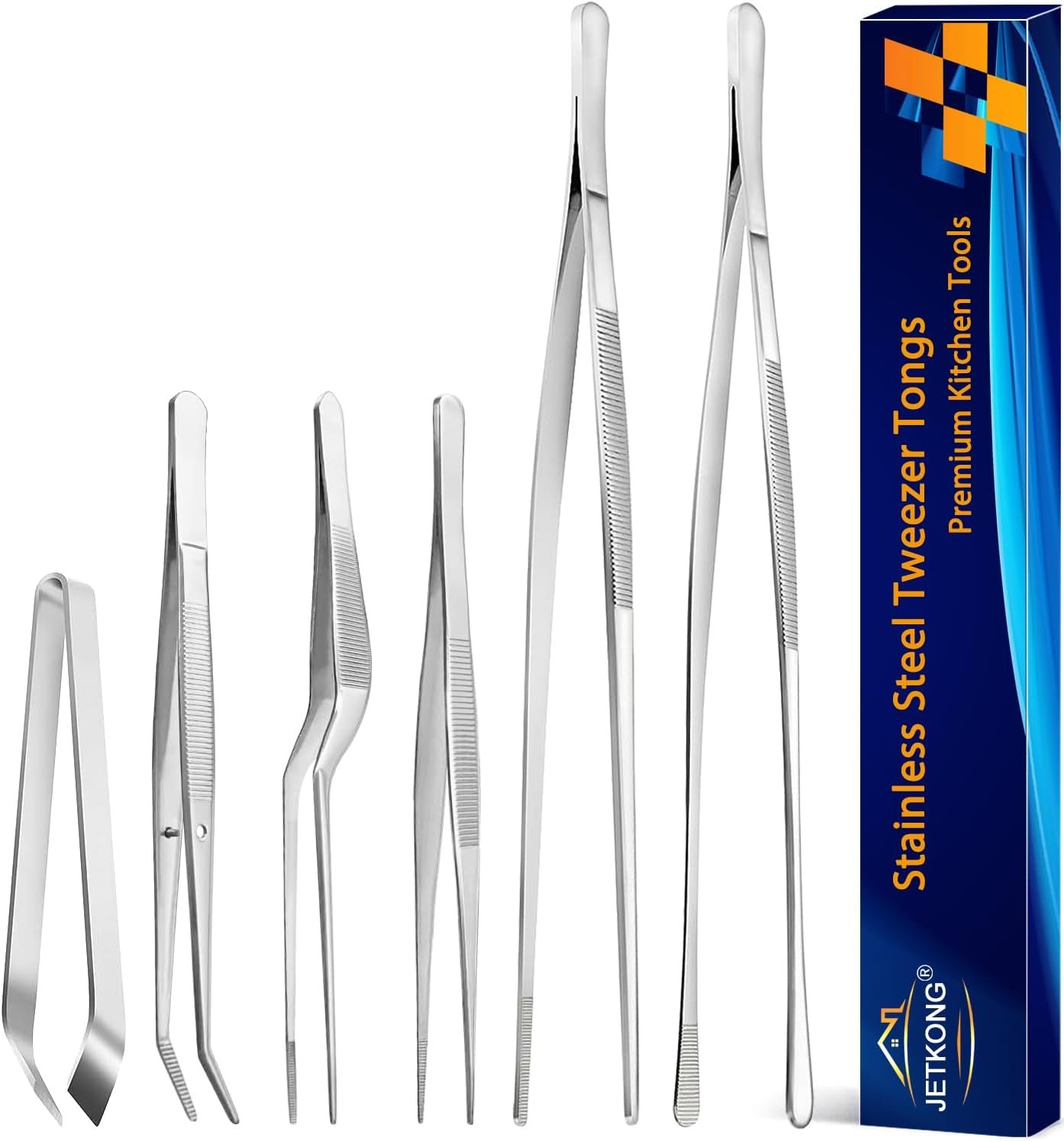 JETKONG 6 Pcs Cooking Tweezer Tongs, 12” and 6.3″ Stainless Steel Kitchen Tweezer Set, Professional Chef Tweezers for Cooking, Repairing, Sea Food, BBQ, Multi-use