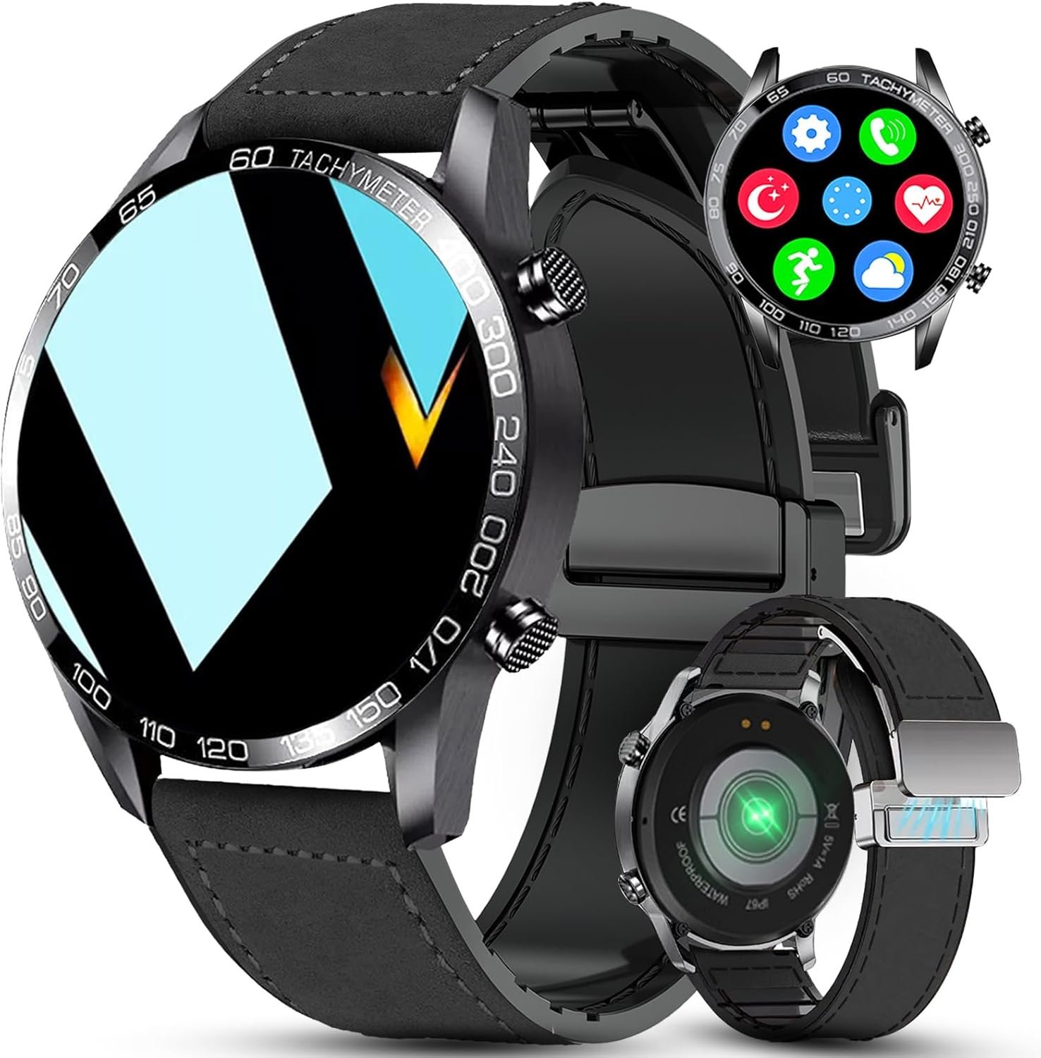 LAKEYLOYI Smart Watch for Men Bluetooth Calls 1.39″ Fitness Watch with 100+ Sports Modes Smartwatch with Blood Oxygen/Sleep/Heart Rate Monitor, Leather Band Black Activity Tracker for Android iOS