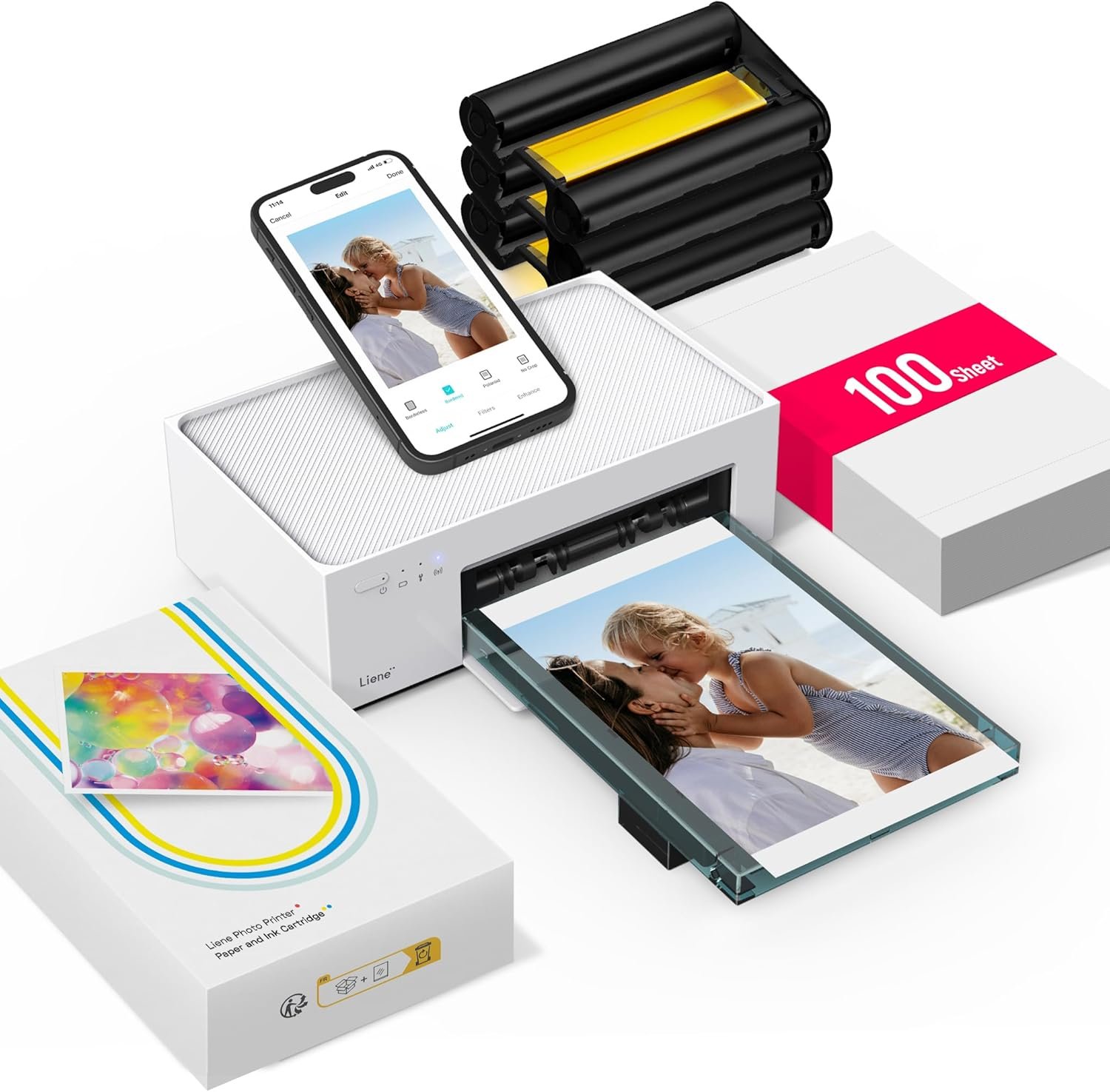 Liene M100 4×6” Photo Printer, Phone Printer 100 Sheets & 3 Cartridges, Full-Color Photo, Portable Instant Photo Printer for iPhone Android, Thermal Dye Sublimation, Wi-Fi Picture Printer 100 Papers