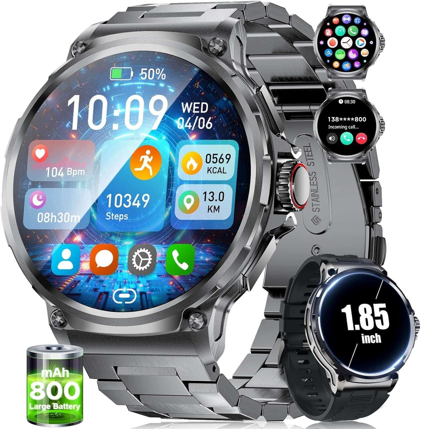 Military Smart Watch for Men,1.85″ HD/800mAh Battery Smart Watches for Android iOS (Bluetooth Call Answer/Calls) Fitness Tracker with Heart Rate/Sleep Tracking/Blood Oxygen Black