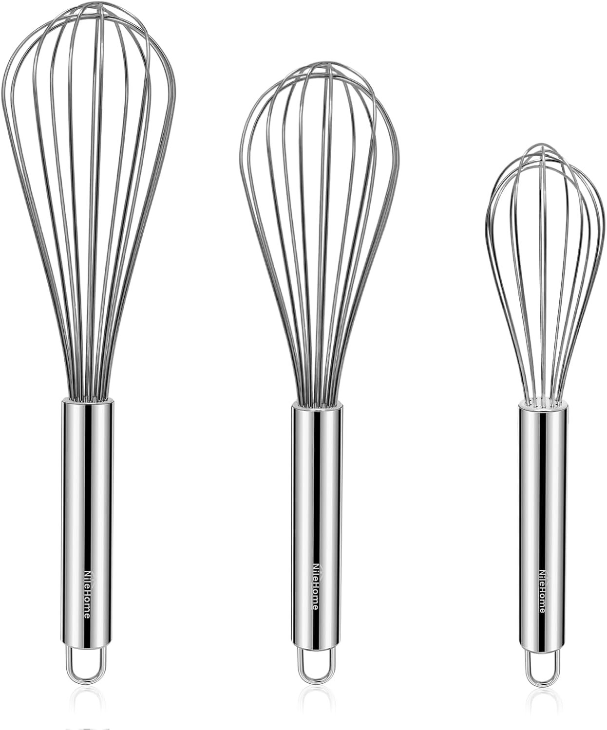 NileHome Stainless Steel Whisk Set 8″ 10″ 12″ Kitchen Whisk Balloon Whisk Kitchen Wisk Wire Whisks for Cooking, Whisking, Blending, Beating, Stirring-3 Pack…
