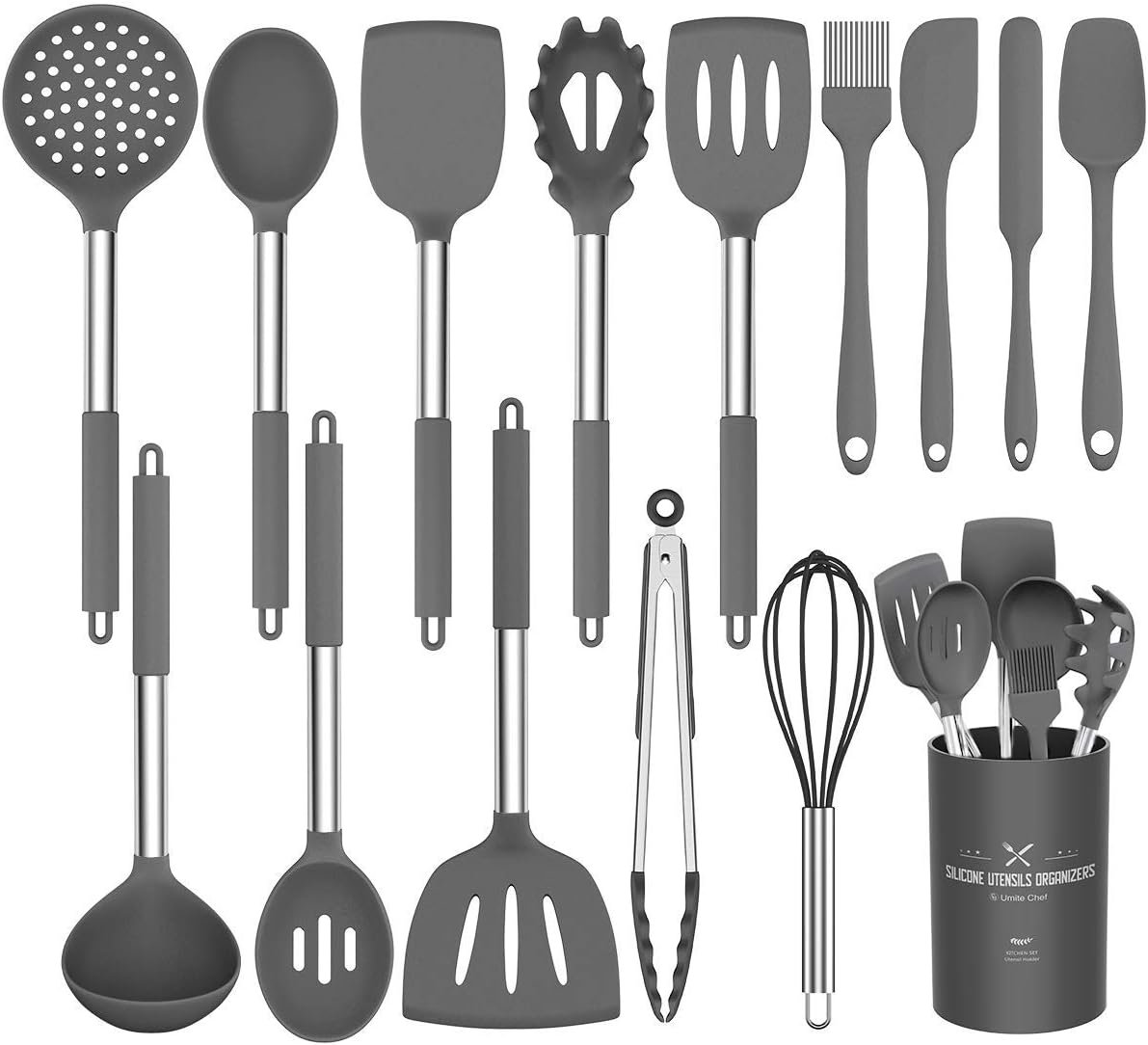 Silicone Cooking Utensil Set,Umite Chef Kitchen Utensils 15pcs Set Non-stick Heat Resistan BPA-Free Stainless Steel Handle Tools Whisk – Grey