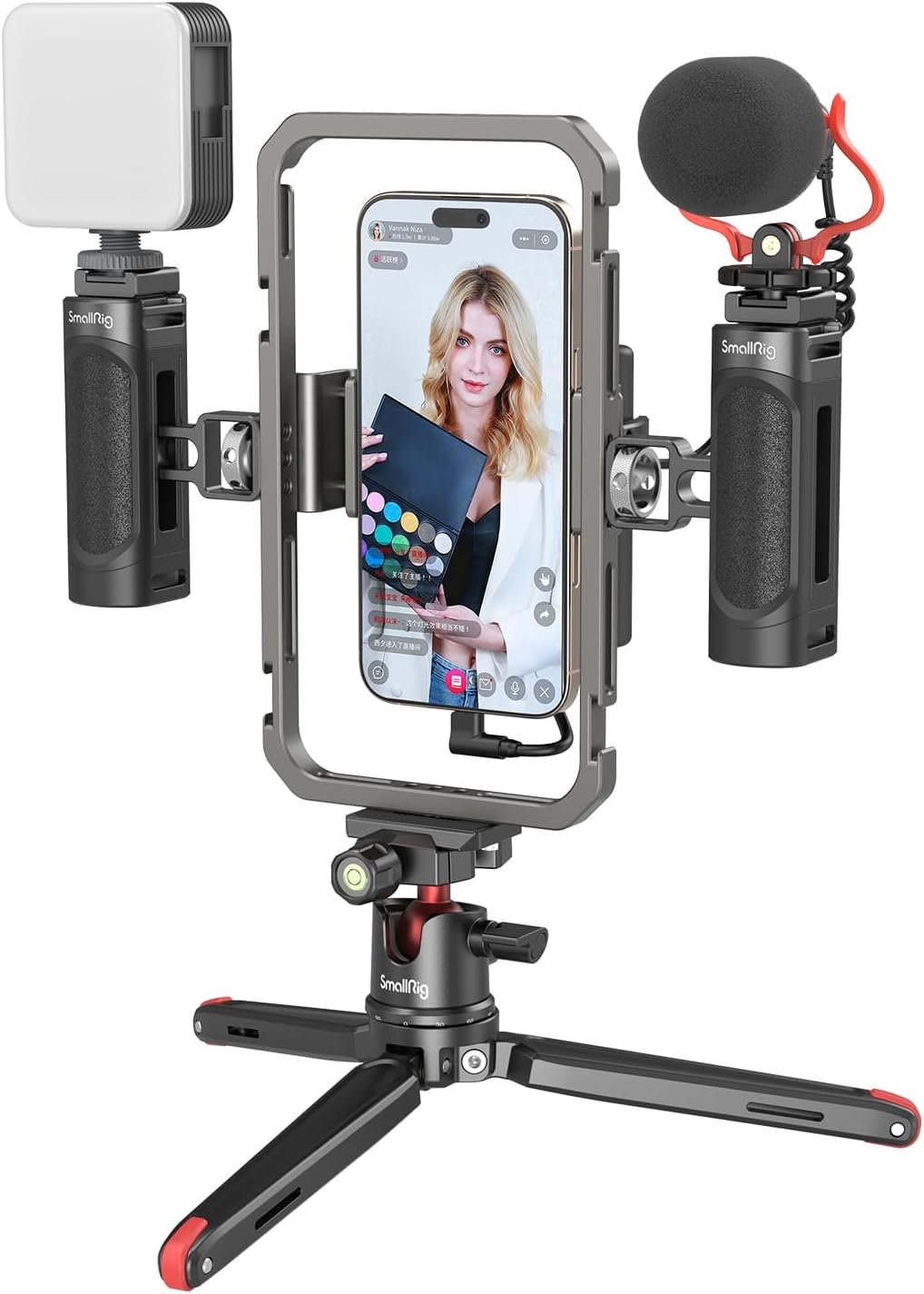 SmallRig Universal Phone Video Rig Kit for iPhone, Smartphone and Cameras, Phone Stabilizer Rig w/Tripod Microphone LED Light Side Handle Power Bank Holderm, for Vlogging & Live Streaming