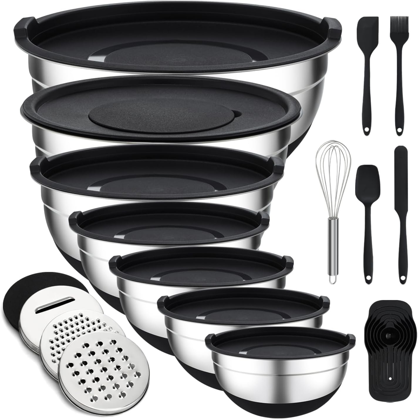 Unokit Mixing Bowls with Lids Set, 7 Pcs Stainless Steel Mixing Bowls with 3 Grater Attachments, Non-Slip Silicone Base Mixing Bowl Set, Sizes 4.5, 4, 3.5, 2.1, 1.5, 1.1, 0.7 Qt for Mixing, Serving