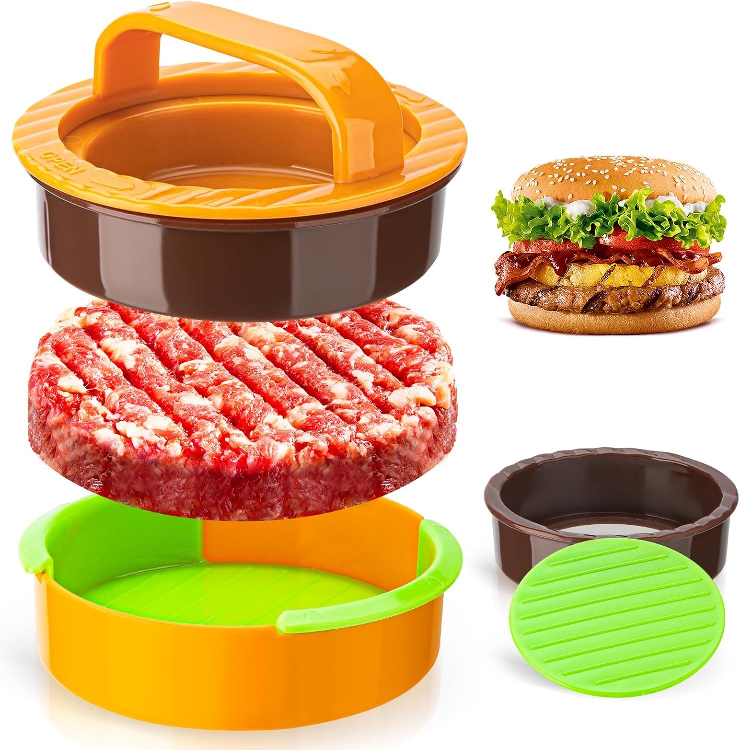 Upgraded 3 in 1 Non-Stick Hamburger Press Patty Maker, Durable Burger Press for Stuffed Burgers, Sliders, Veggie & Beef Patties, Easy to Clean, Kitchen Gadgets for BBQ, Grilling & Barbecue