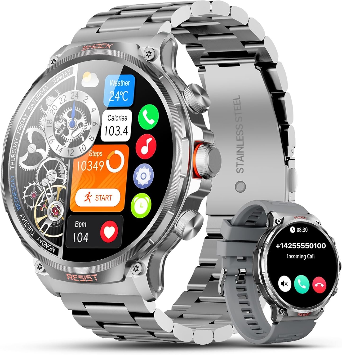WalkerFit Military Smart Watch for Men, 1.85” Big Screen Running Smartwatch with Calls/710 mAh Large Battery/Pedometer, Waterproof Fitness Activity Tracker for Android iOS (Silver)