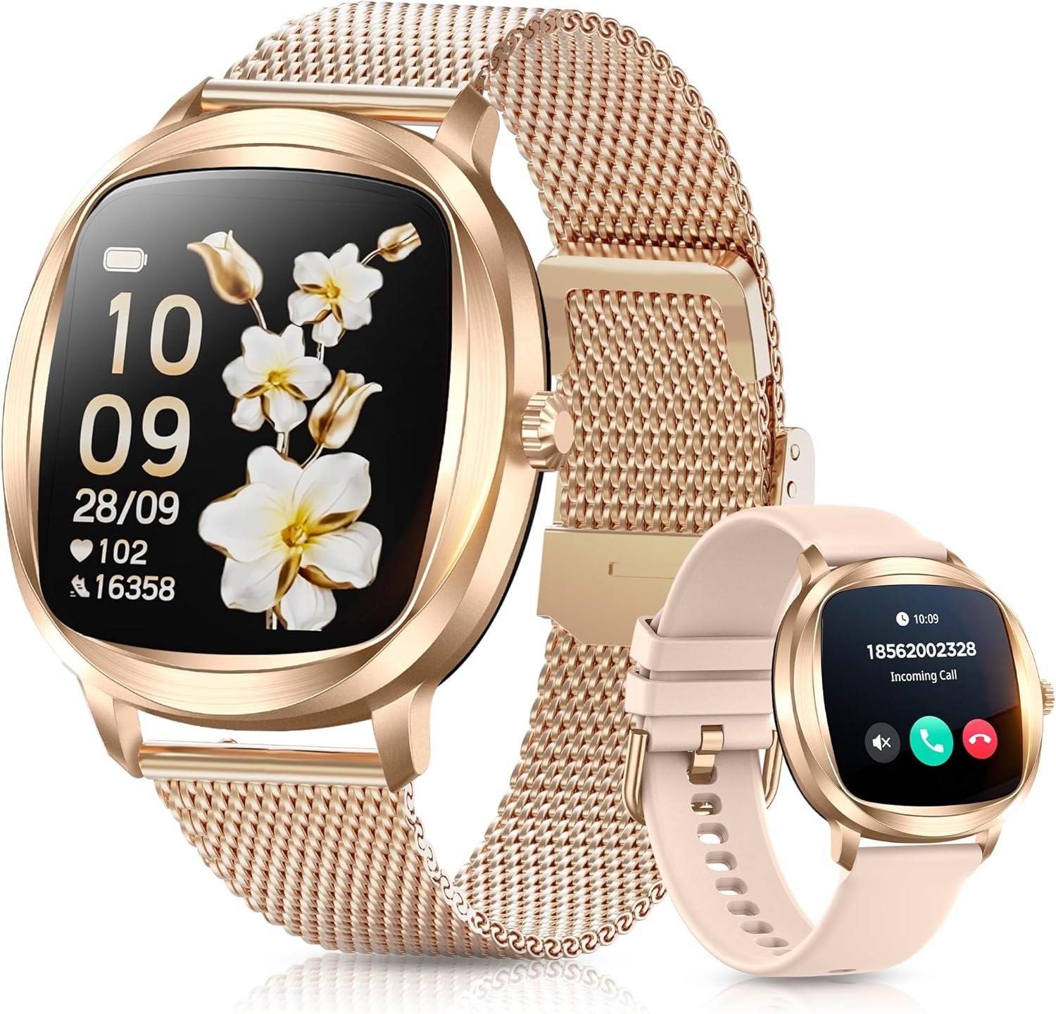 Women’s Smart Bracelet/Smart Watch, 1.72-inch Display, IP68 Waterproof Sport Bracelet, One-Touch Bluetooth Calling, Fitness Tracker with Health Monitor (Gold)