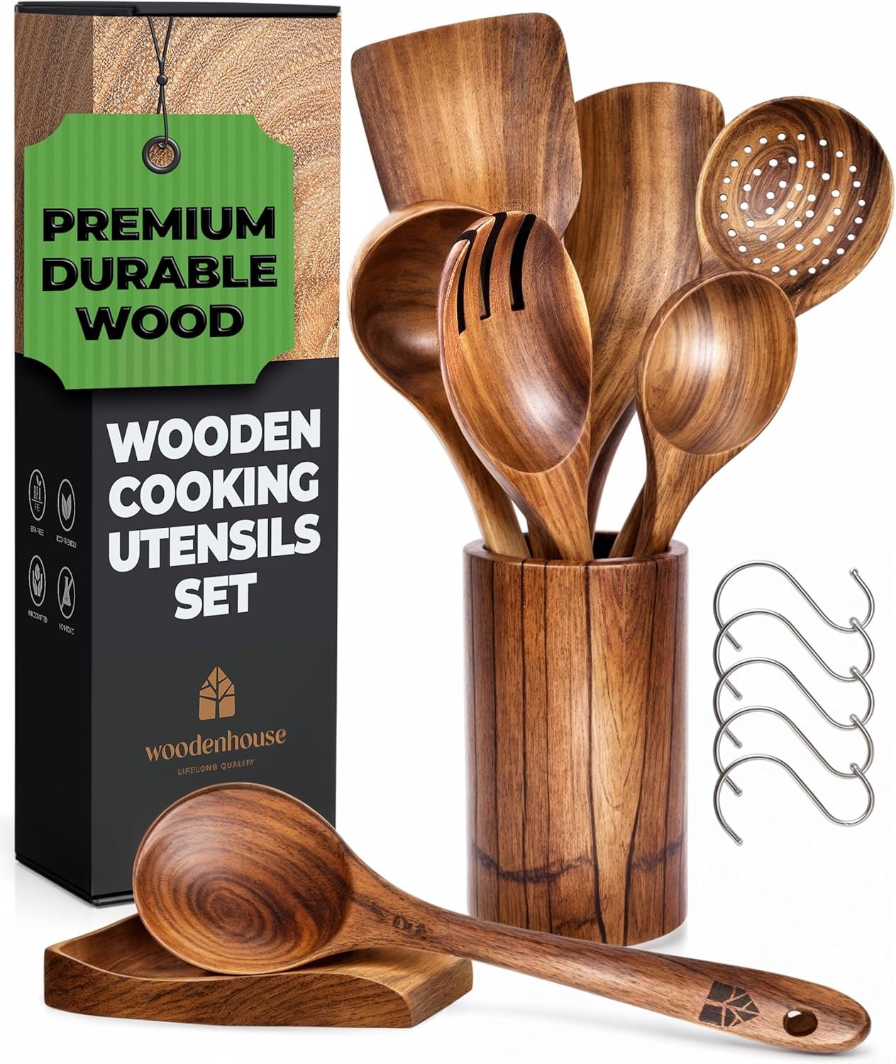 Wooden Utensil Set, Wooden Spoons for Cooking, Wooden Cooking Utensils Set with Holder, Spoon Rest & Hooks, Teak Wood Nonstick Kitchen Cookware – 8 Piece set of wooden utensils with 6 Metal Hooks