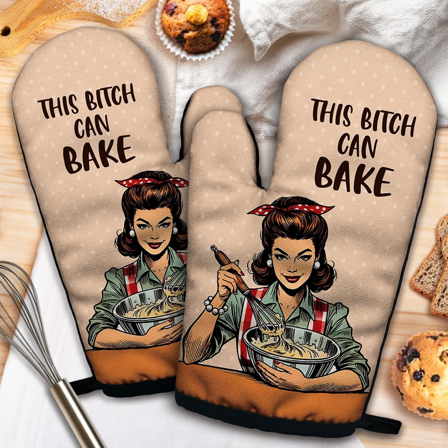 ZHANTUONE This Bxxch Can Bake Funny Heat Resistant Oven Mitts 2-Piece Set with Silicone Non-Slip, Retro Housewife Cooking Baking Gadgets, Gifts for Bake Lover Women Bakers Mom Wife Sister BFF